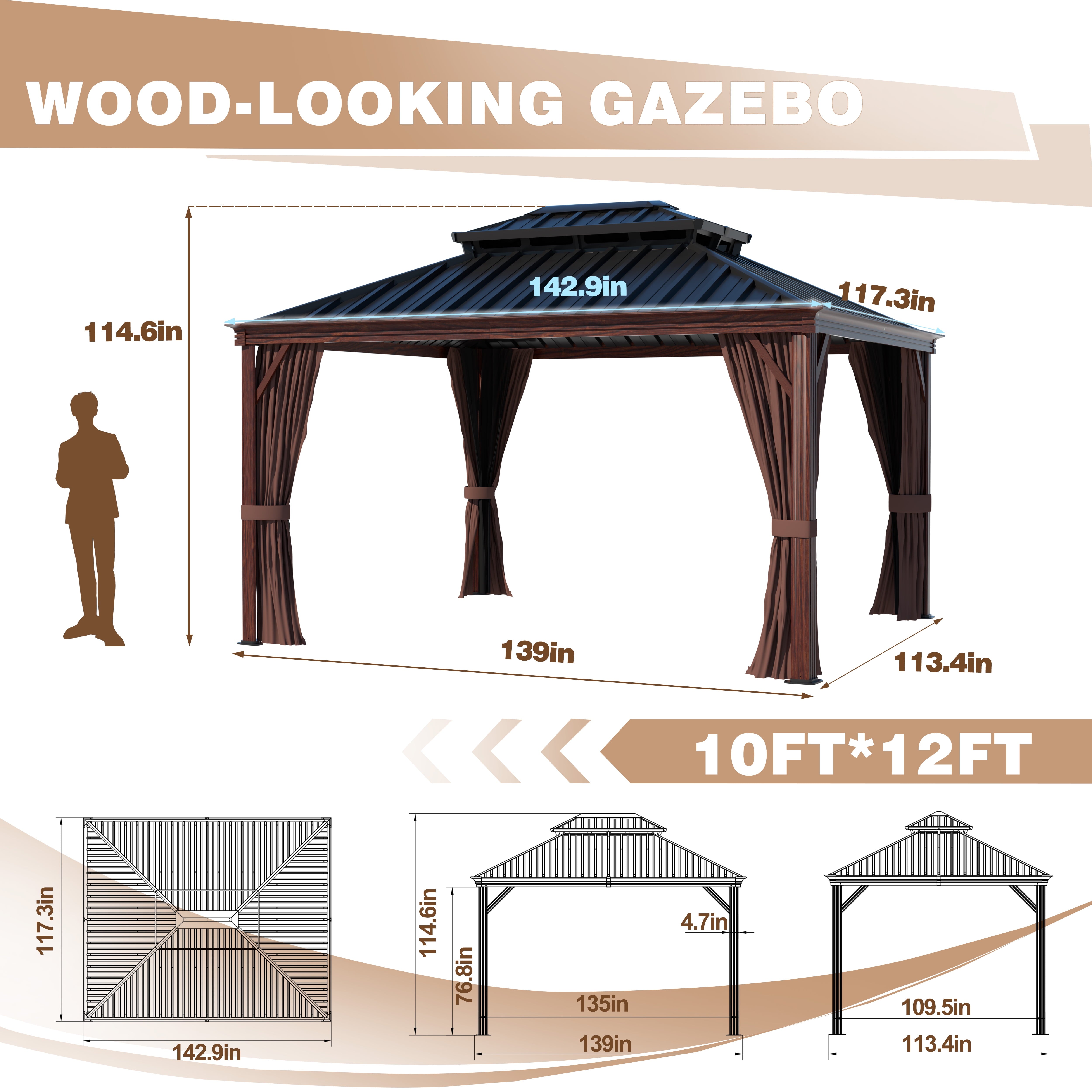 12' X 10' Outdoor Hardtop Gazebo, Water-Resistant Aluminum Wood Grain Gazebo, Rustic