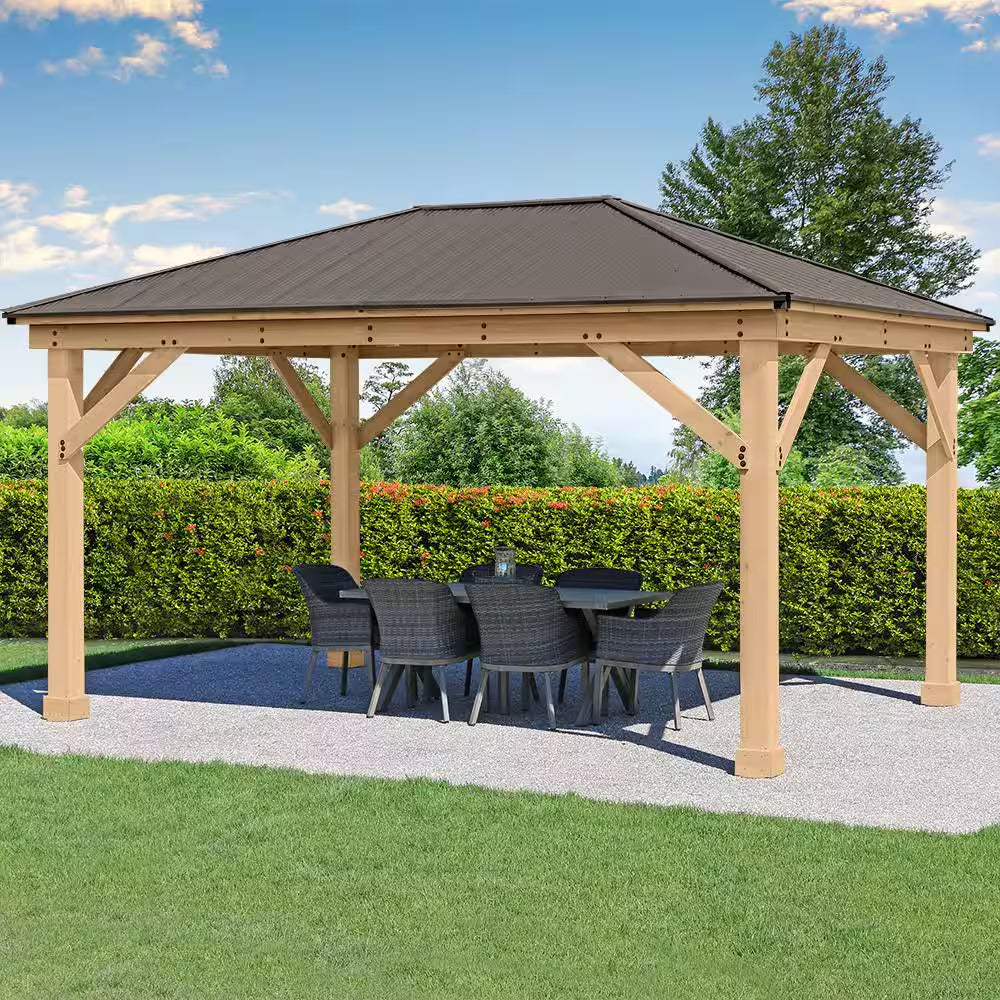 DIY Meridian 12 Ft. X 16 Ft. Cedar Wood Outdoor Gazebo Kit with Hartop Metal Roof - Permanent Covered Patio Shade
