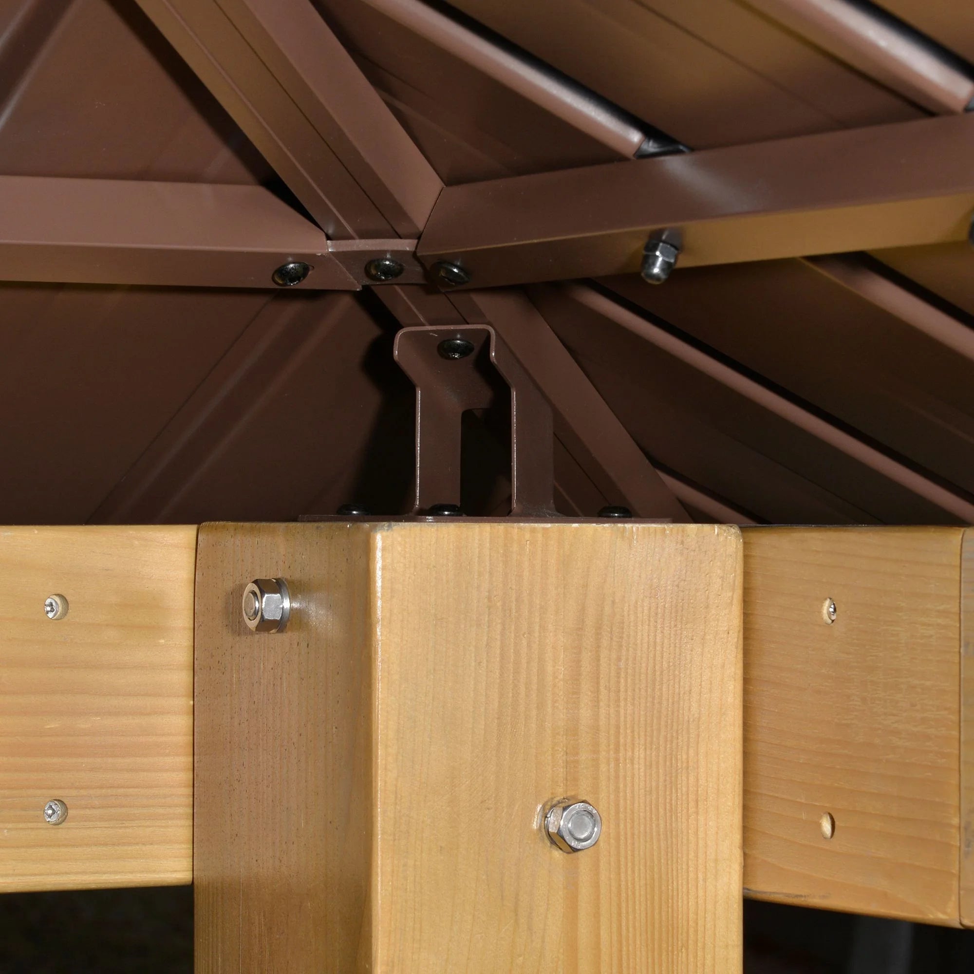 10X10 Hardtop Gazebo with Wooden Frame, Permanent Metal Roof Gazebo Canopy with Ceiling Light Hook for Garden, Patio, Backyard, Brown