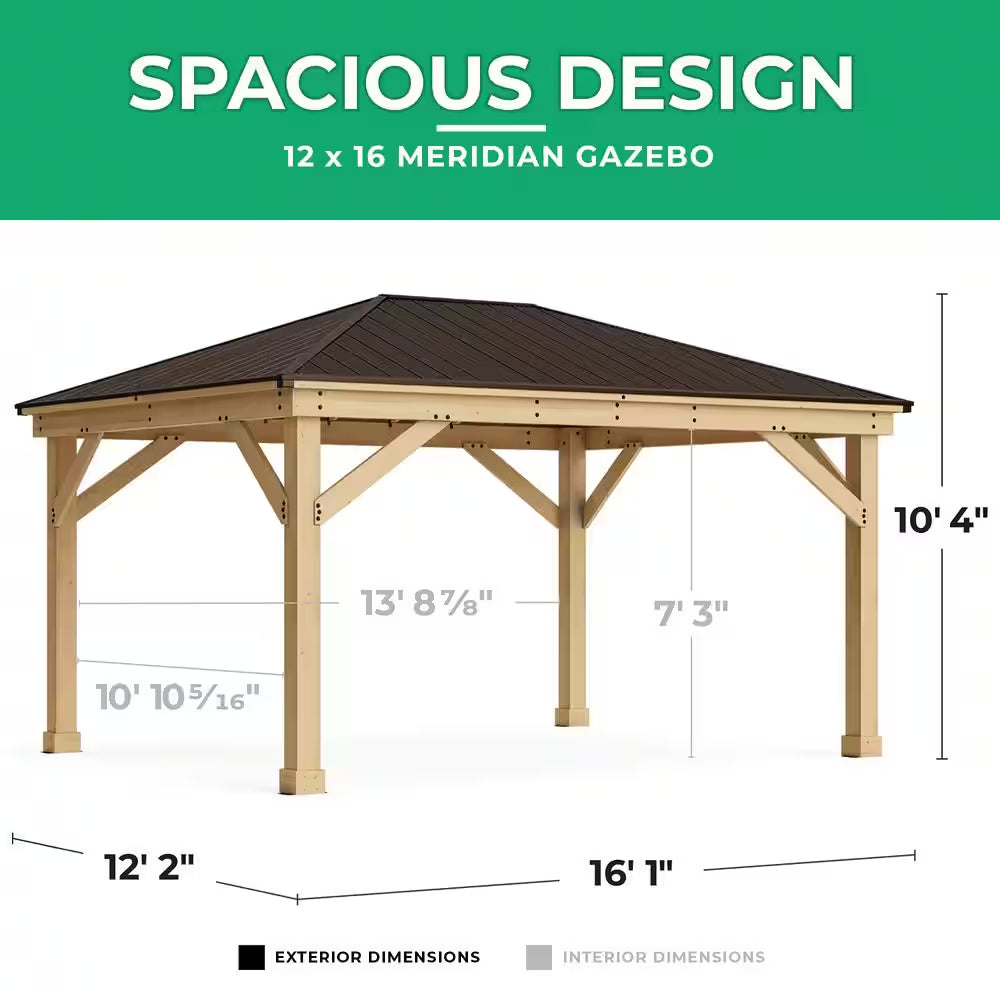 DIY Meridian 12 Ft. X 16 Ft. Cedar Wood Outdoor Gazebo Kit with Hartop Metal Roof - Permanent Covered Patio Shade