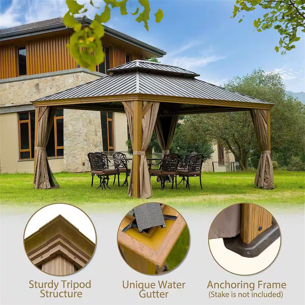 12 Ft. X 14 Ft. Wooden Coated Aluminum Frame Patio Gazebo Canopy with Galvanized Steel Double Hardtop Curtain Netting