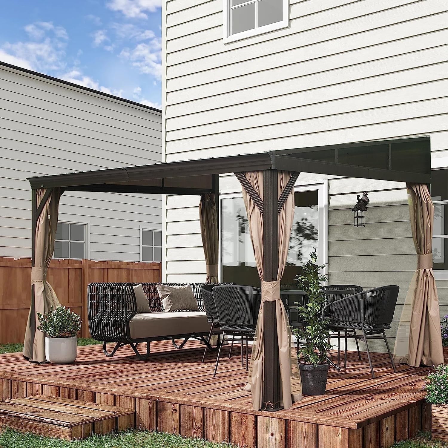 12X14Ft Lean to Gazebo, Hardtop Wall Mounted Gazebo with Sloping Galvanized Steel Roof, Wall Pergola with Aluminum Frame, Curtains and Netting, for Patio, Deck, Garden, Backyard
