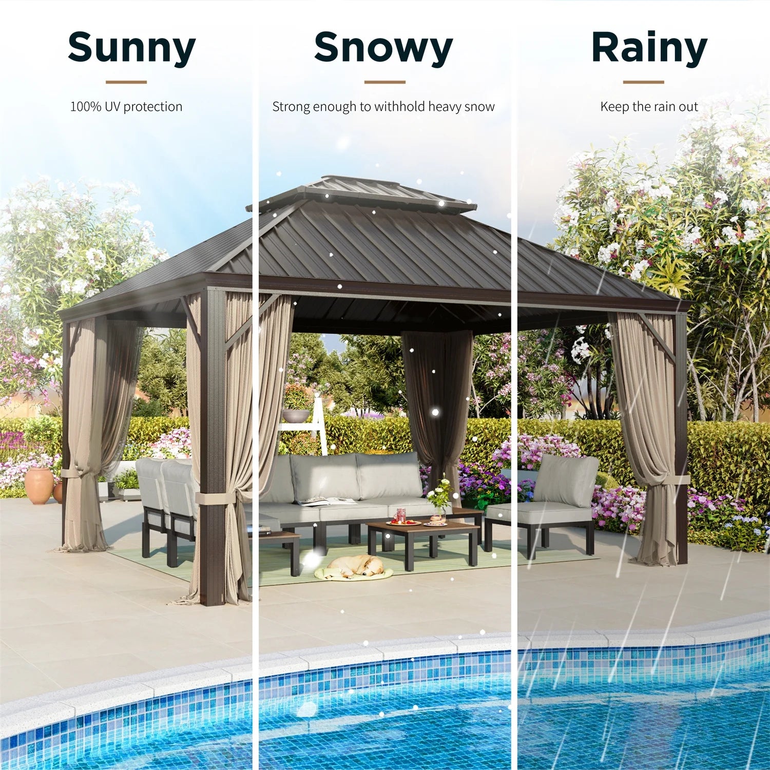 12' X 14' Hardtop Gazebo Aluminum Frame Galvanized Steel Double Roof Patio Gazebo with Netting & Curtains Brown