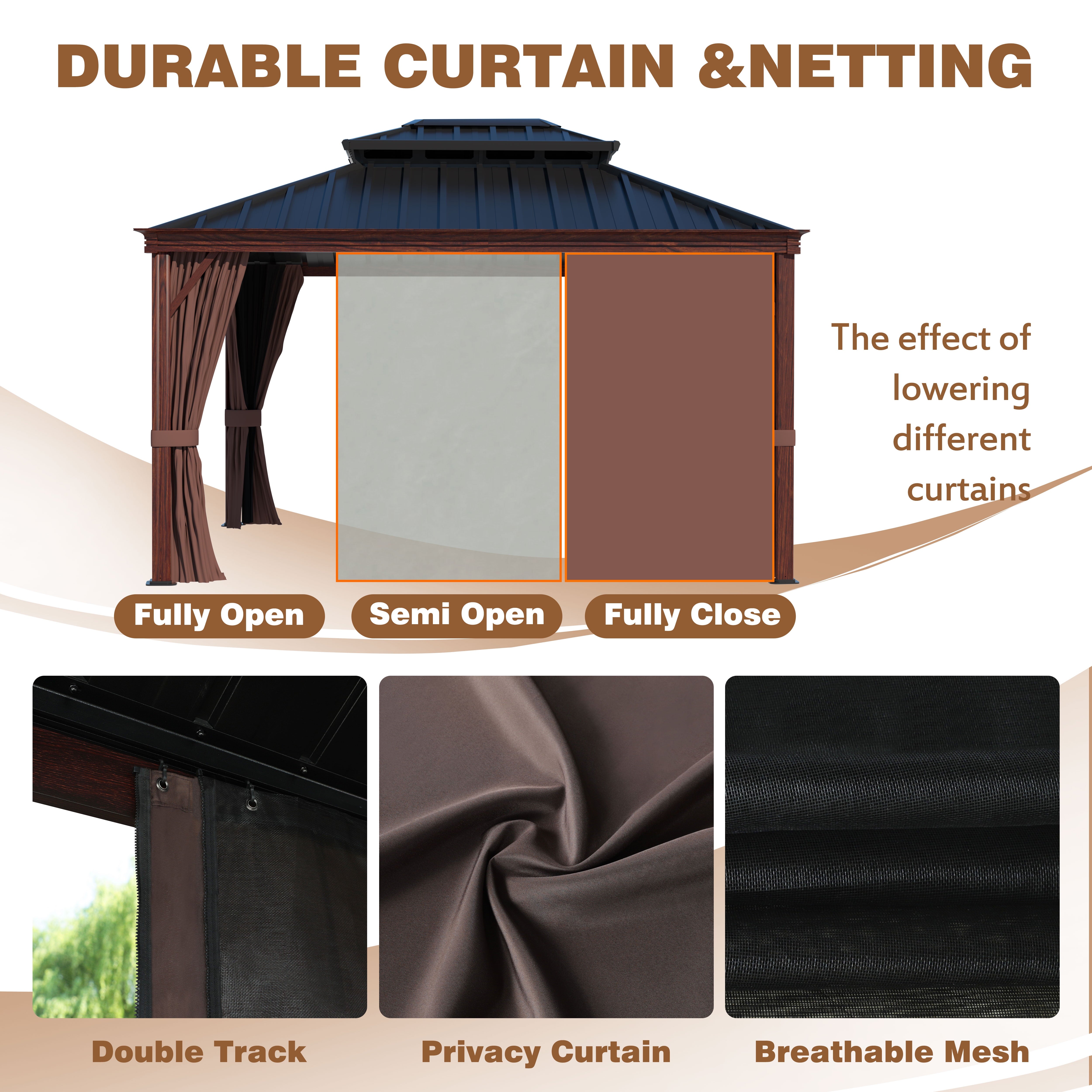 12' X 10' Outdoor Hardtop Gazebo, Water-Resistant Aluminum Wood Grain Gazebo, Rustic