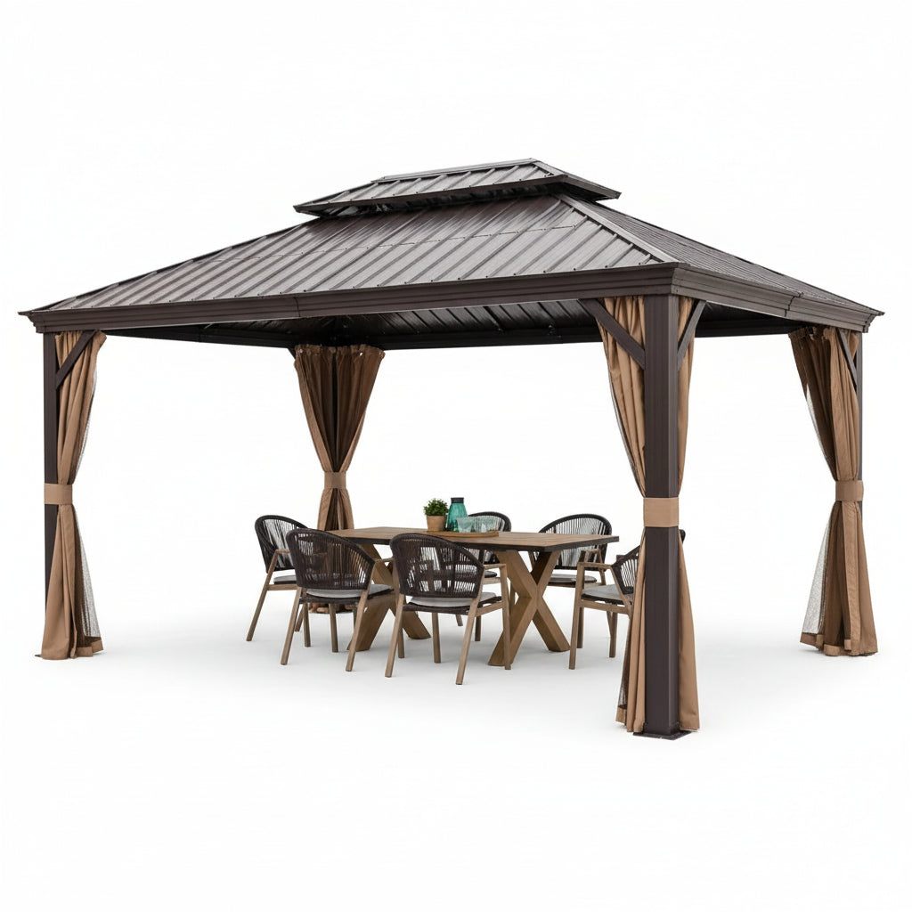 Alexander 12 Ft. D X 9 Ft. H X 16 Ft. W Aluminum Hardtop Gazebo W/Galvanized Steel Roof, Mosquito Net & Privacy Curtain