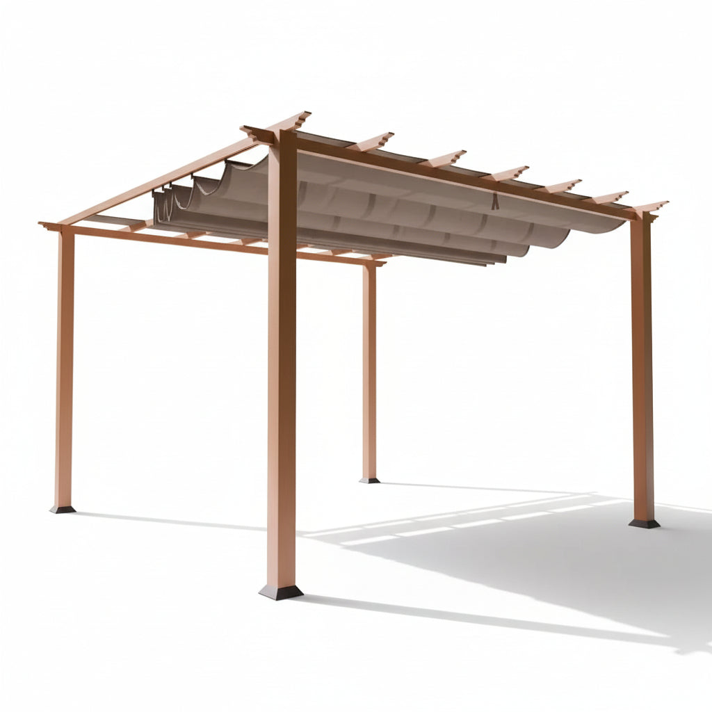 Florence 11 Ft. X 11 Ft. Wood Grain Aluminum Pergola in Canadian Cedar and Cocoa Convertible Canopy