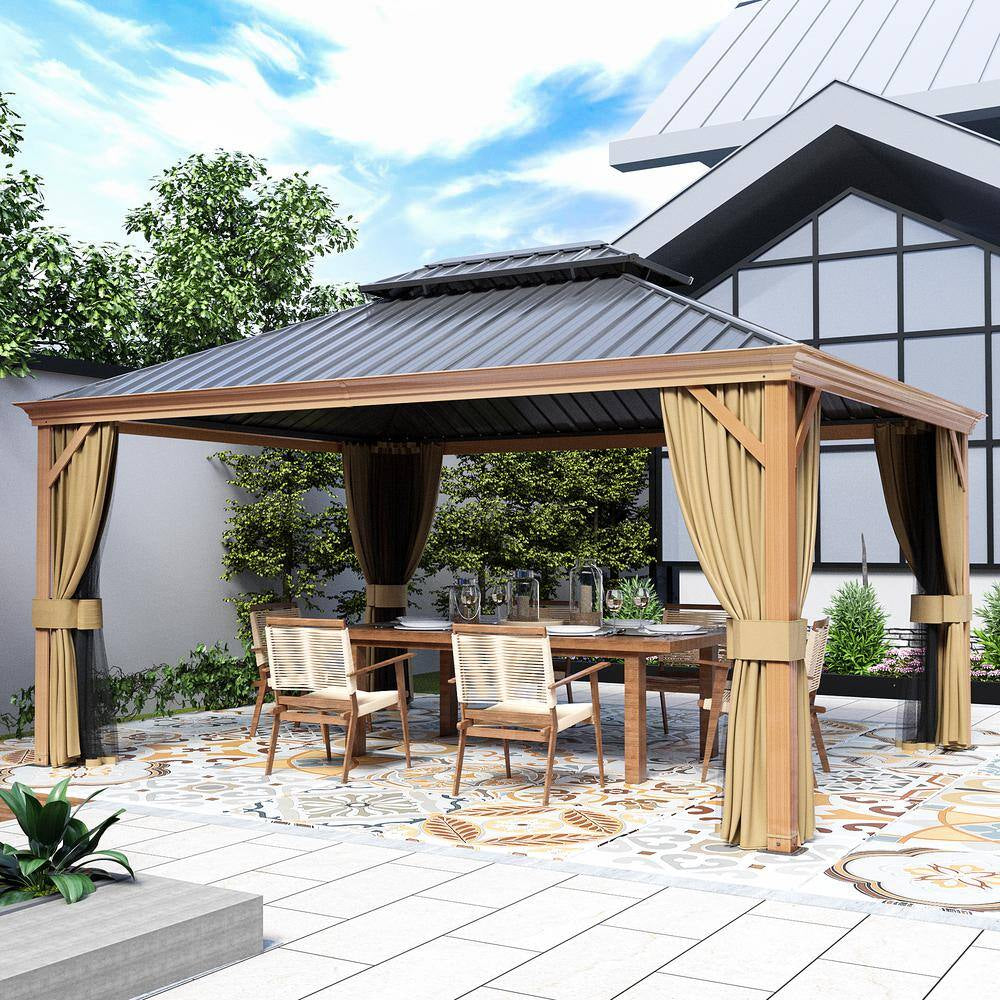 12 Ft. X 16 Ft. Double Roof Hardtop Wood Grain Aluminum Patio Gazebo with Netting and Khaki Curtains