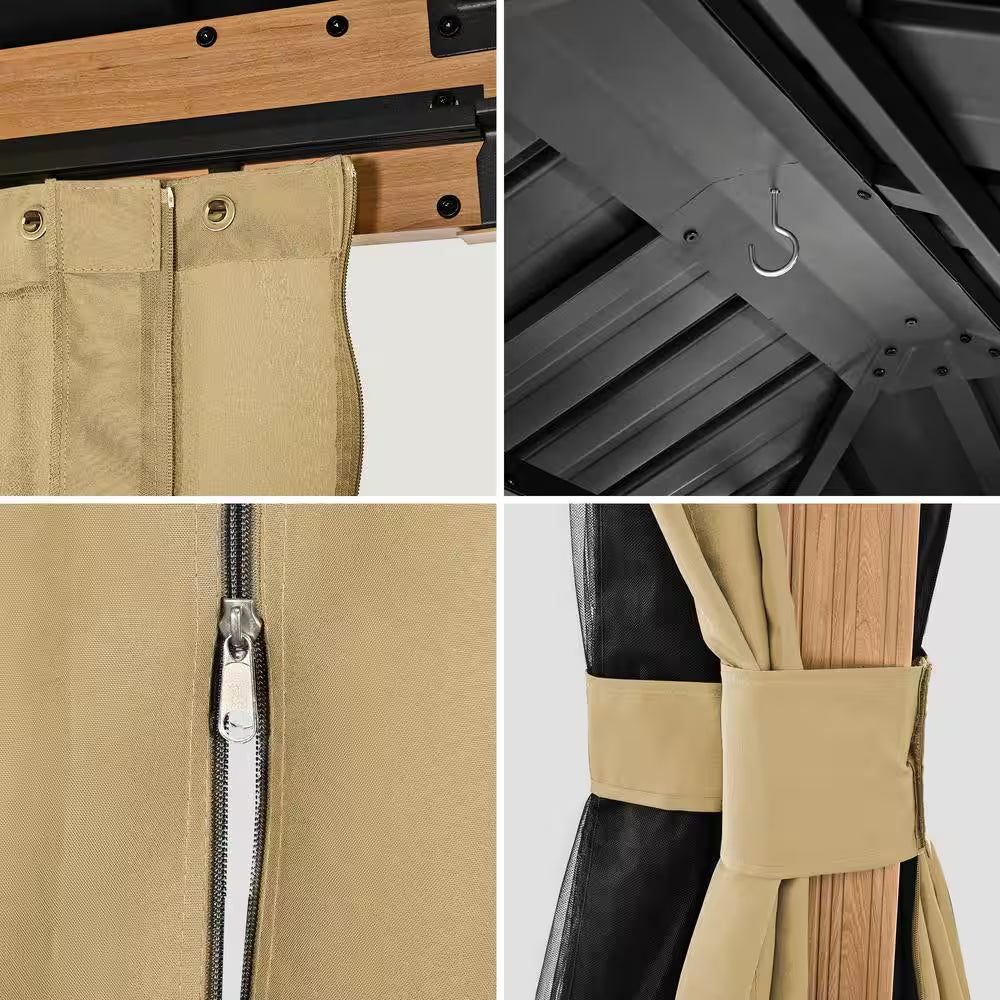 12 Ft. X 16 Ft. Double Roof Hardtop Wood Grain Aluminum Patio Gazebo with Netting and Khaki Curtains