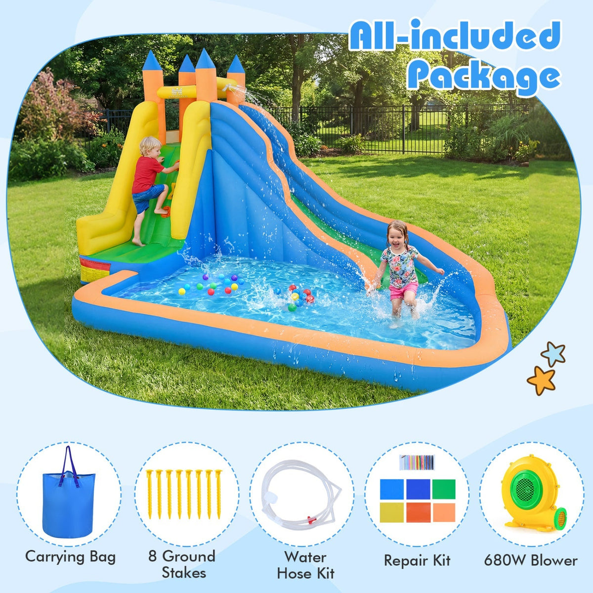 Inflatable Water Slide with Curved Slide and 680W Blower