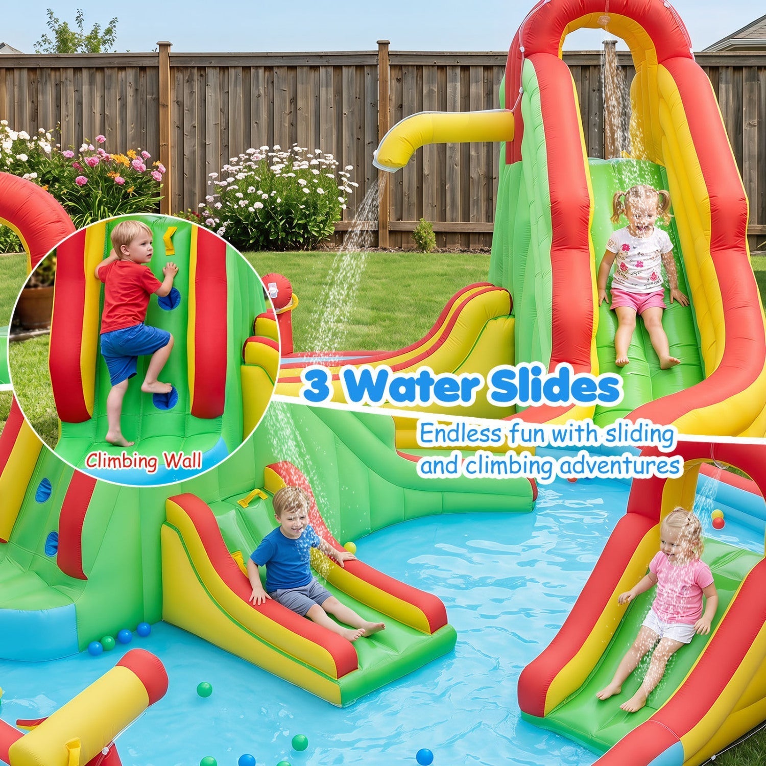 Inflatable Water Park with 3 Slides and Splash Pool