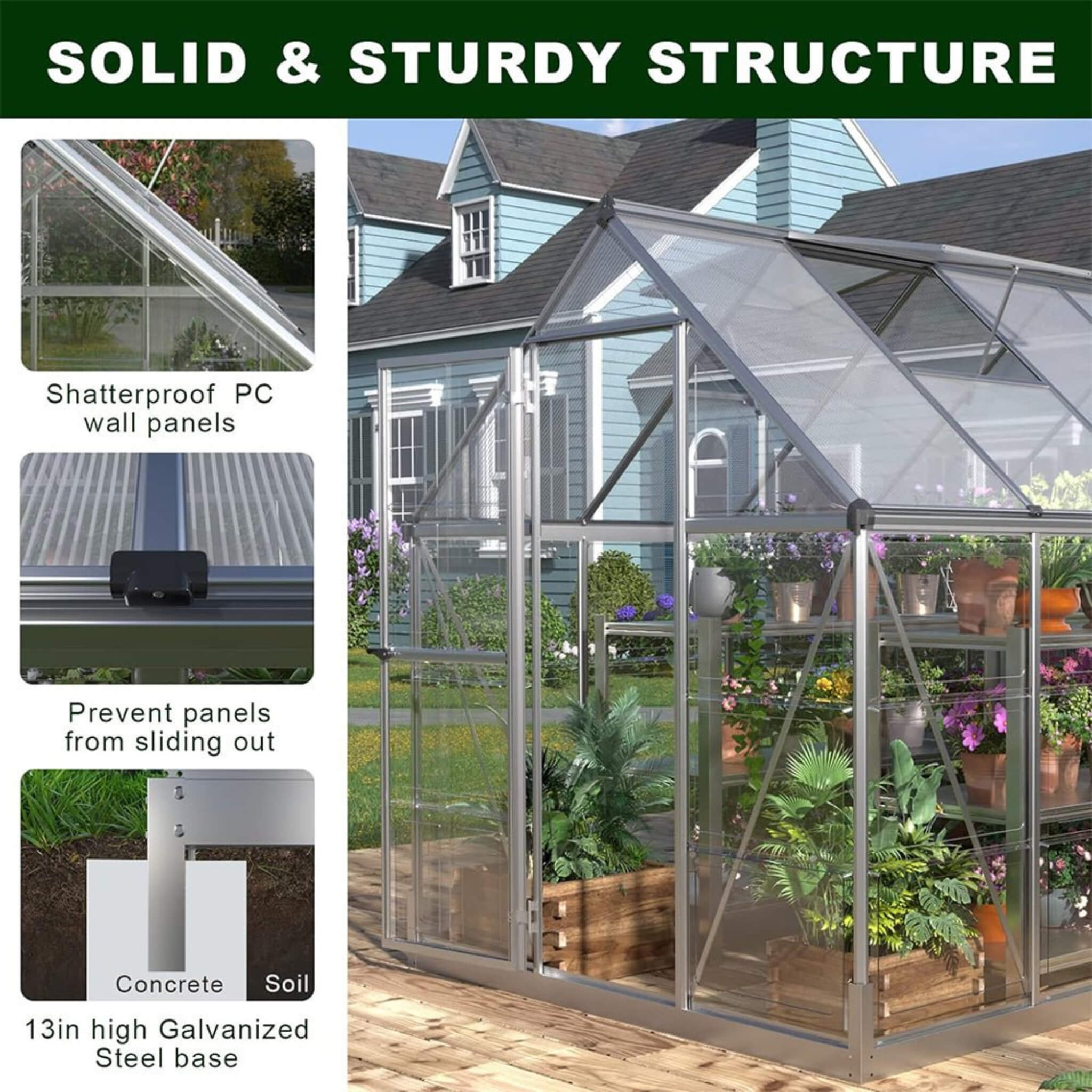 [06X12FT] Heavy-Duty Outdoor Aluminum Polycarbonate Walk-In Greenhouse With Lockable Hinged Door