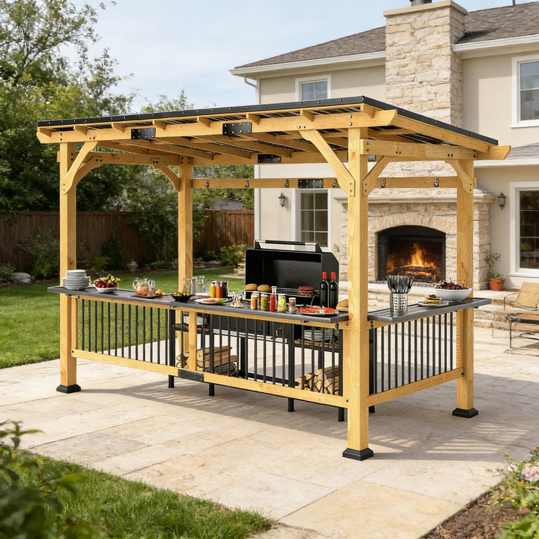 [06X13FT] Premium Outdoor Hardtop Wooden BBQ Grill Gazebo (SAK97420)
