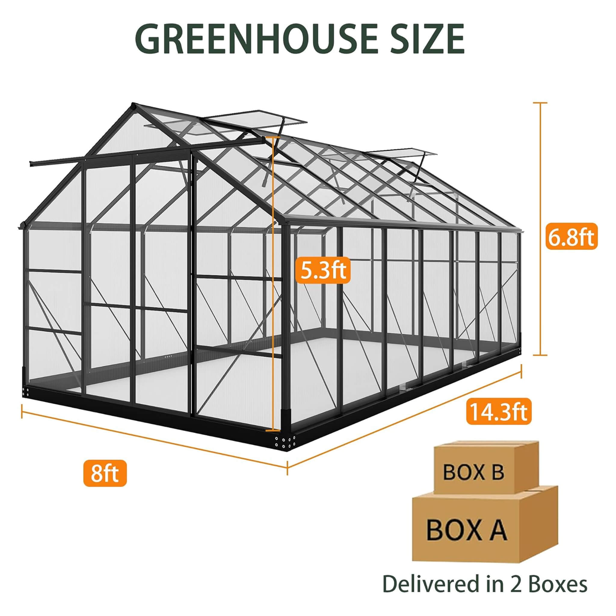 [08X14FT] Outdoor Polycarbonate Greenhouse With Roof Vents & Sliding Doors, 4MM