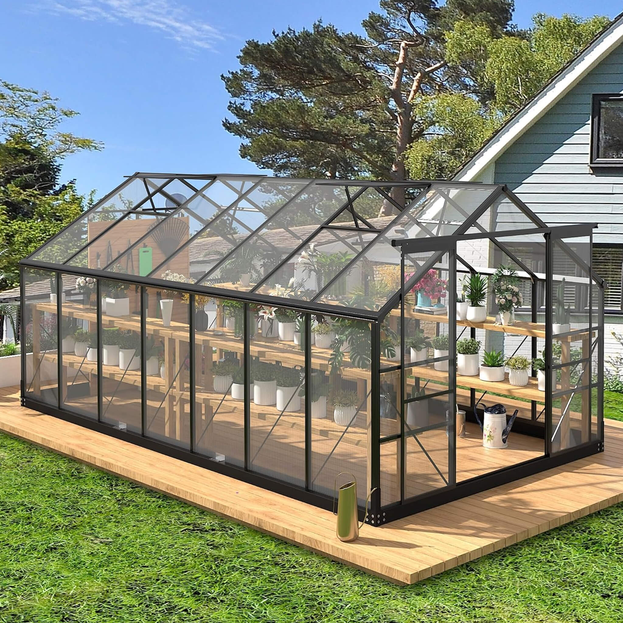 [08X14FT] Outdoor Polycarbonate Greenhouse With Roof Vents & Sliding Doors, 4MM
