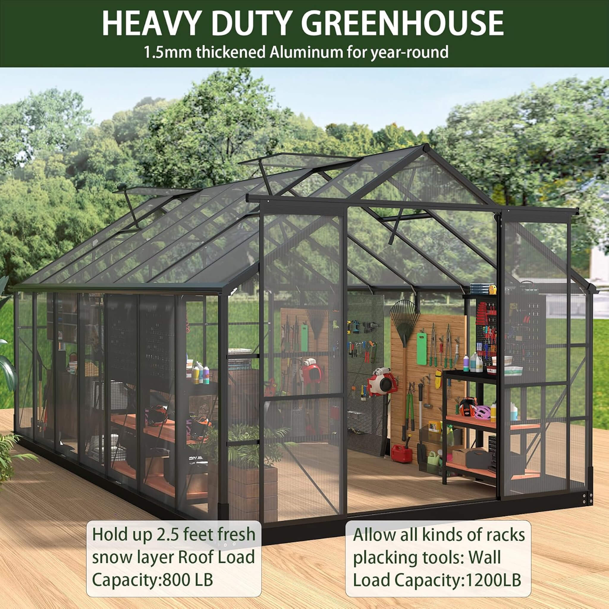 [08X14FT] Outdoor Polycarbonate Greenhouse With Roof Vents & Sliding Doors, 4MM
