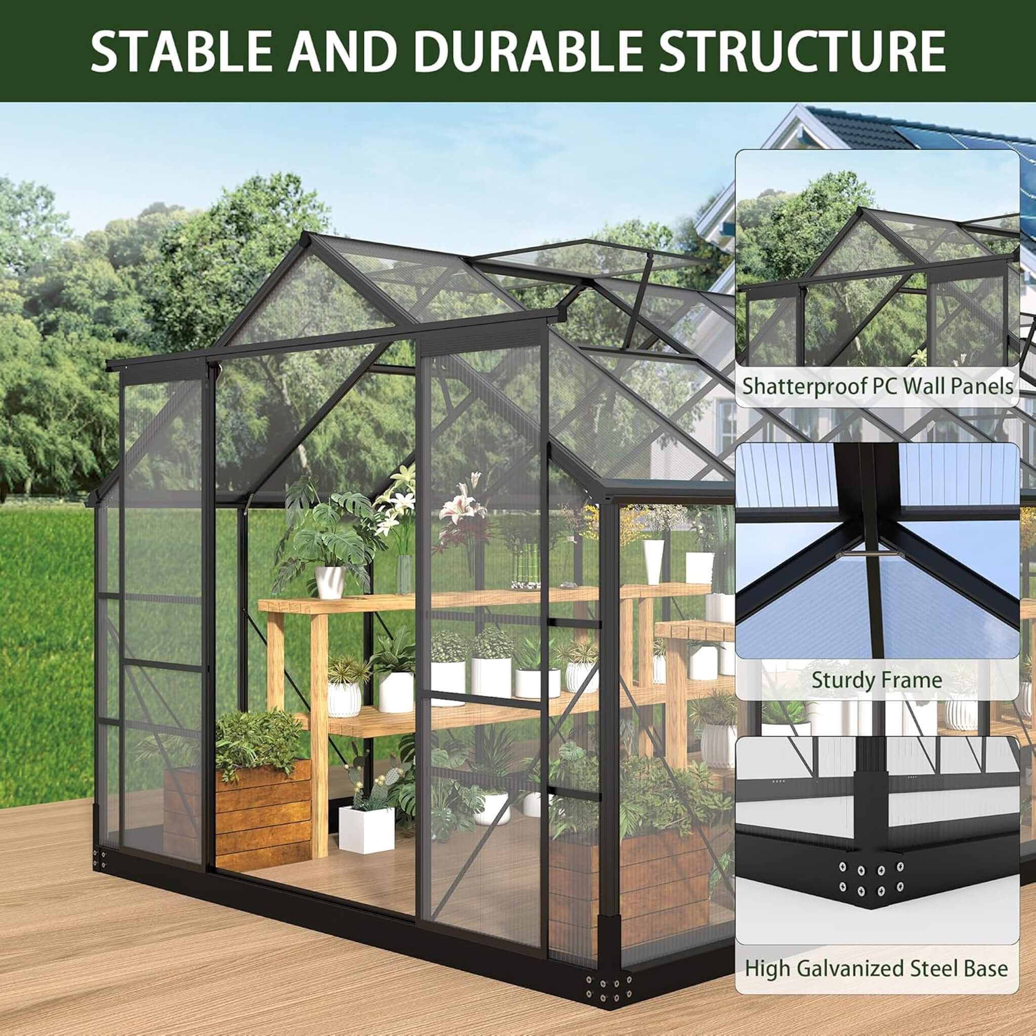 [08X14FT] Outdoor Polycarbonate Greenhouse With Roof Vents & Sliding Doors, 4MM