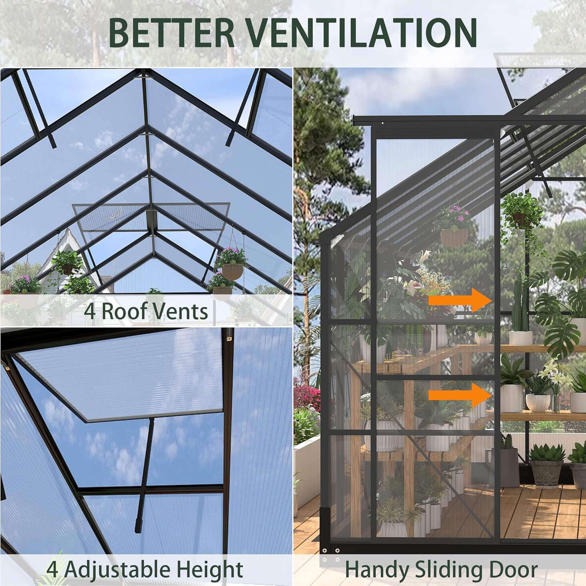 [08X16FT] Premium Outdoor Walk-In Polycarbonate Greenhouse With Roof Vents & Sliding Doors, 4MM