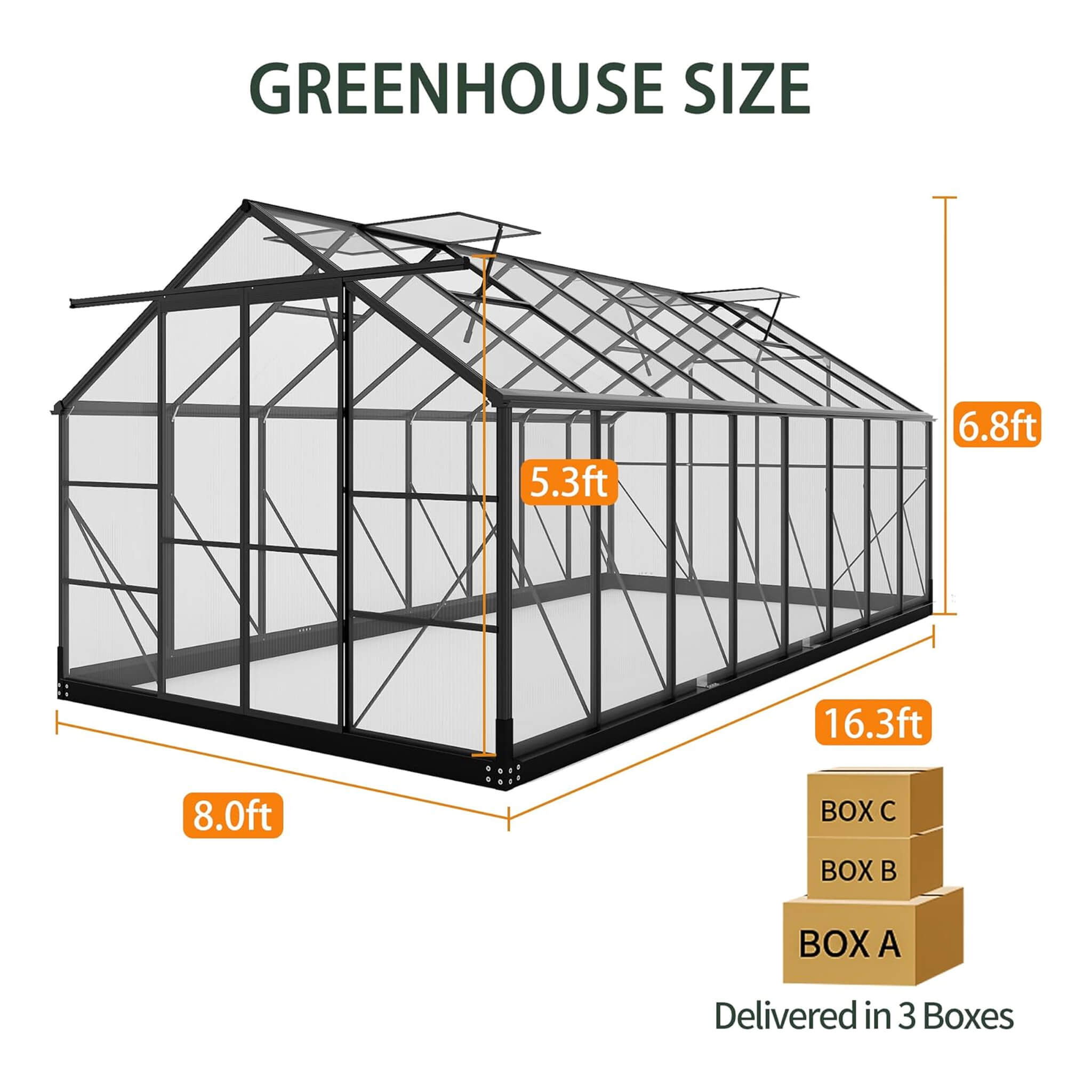 [08X16FT] Premium Outdoor Walk-In Polycarbonate Greenhouse With Roof Vents & Sliding Doors, 4MM