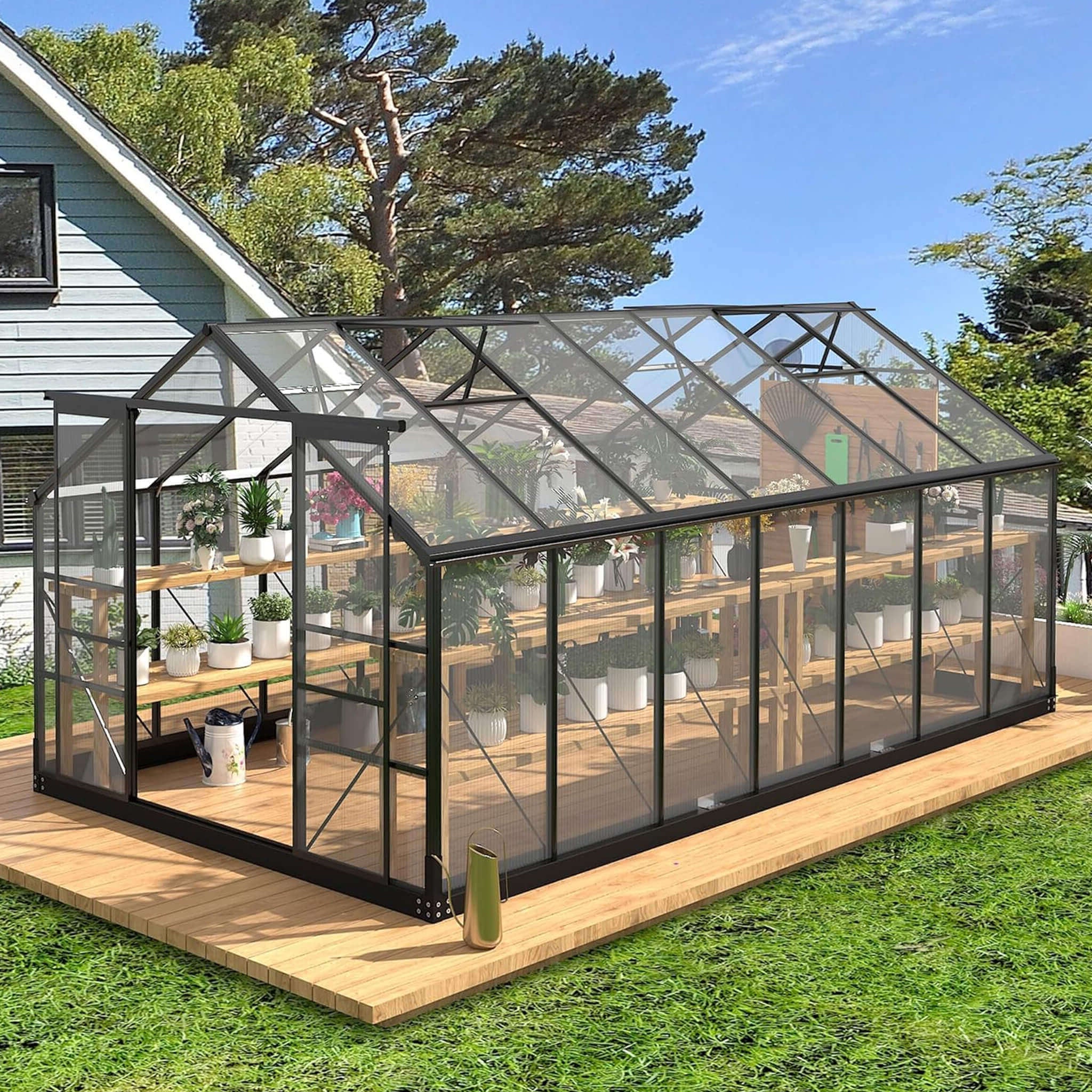 [08X16FT] Premium Outdoor Walk-In Polycarbonate Greenhouse With Roof Vents & Sliding Doors, 4MM