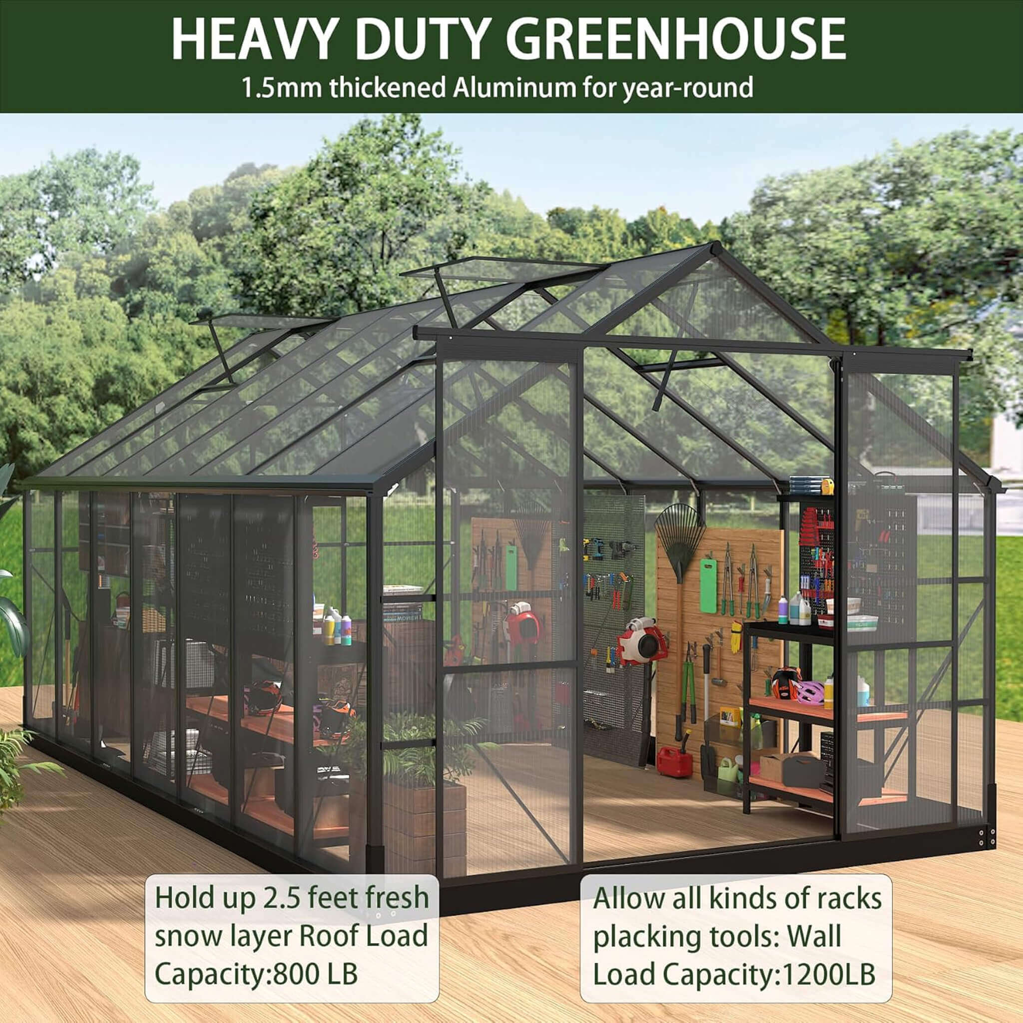 [08X16FT] Premium Outdoor Walk-In Polycarbonate Greenhouse With Roof Vents & Sliding Doors, 4MM