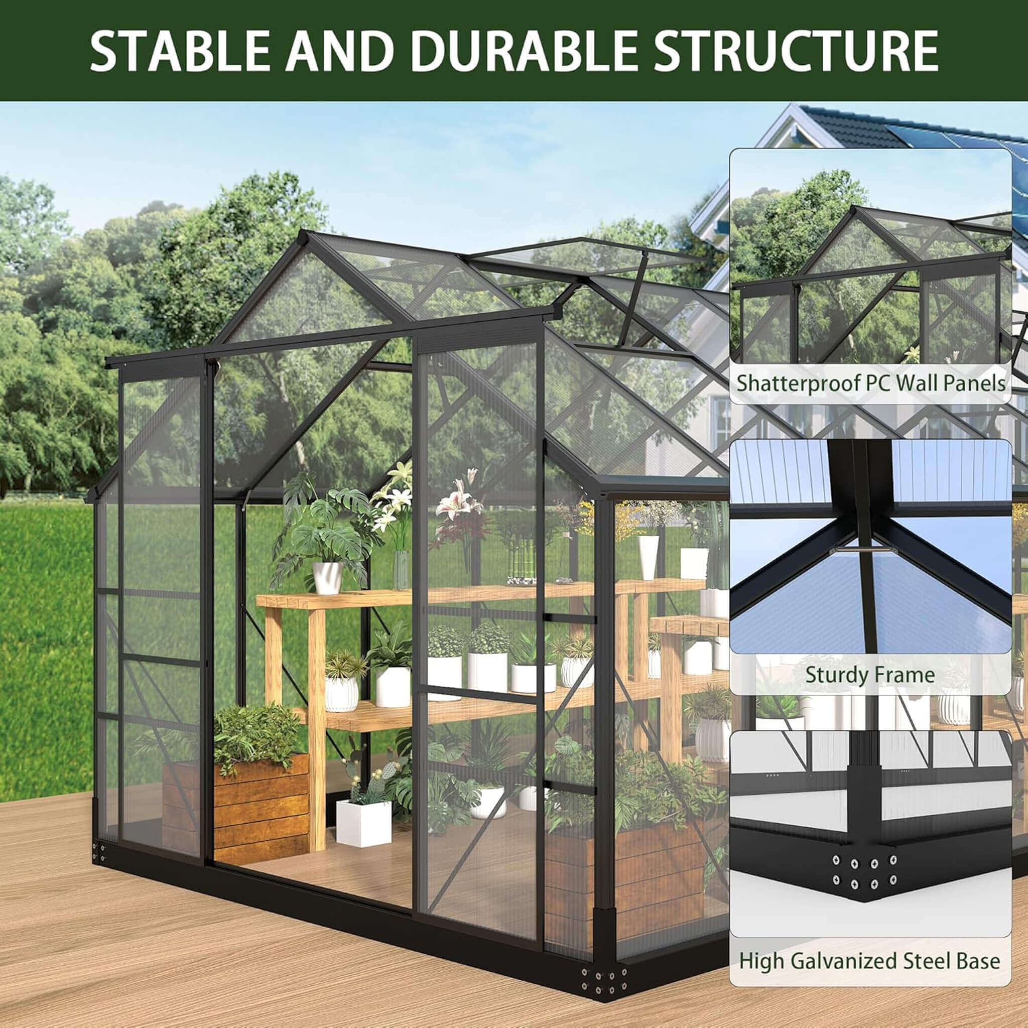 [08X16FT] Premium Outdoor Walk-In Polycarbonate Greenhouse With Roof Vents & Sliding Doors, 4MM