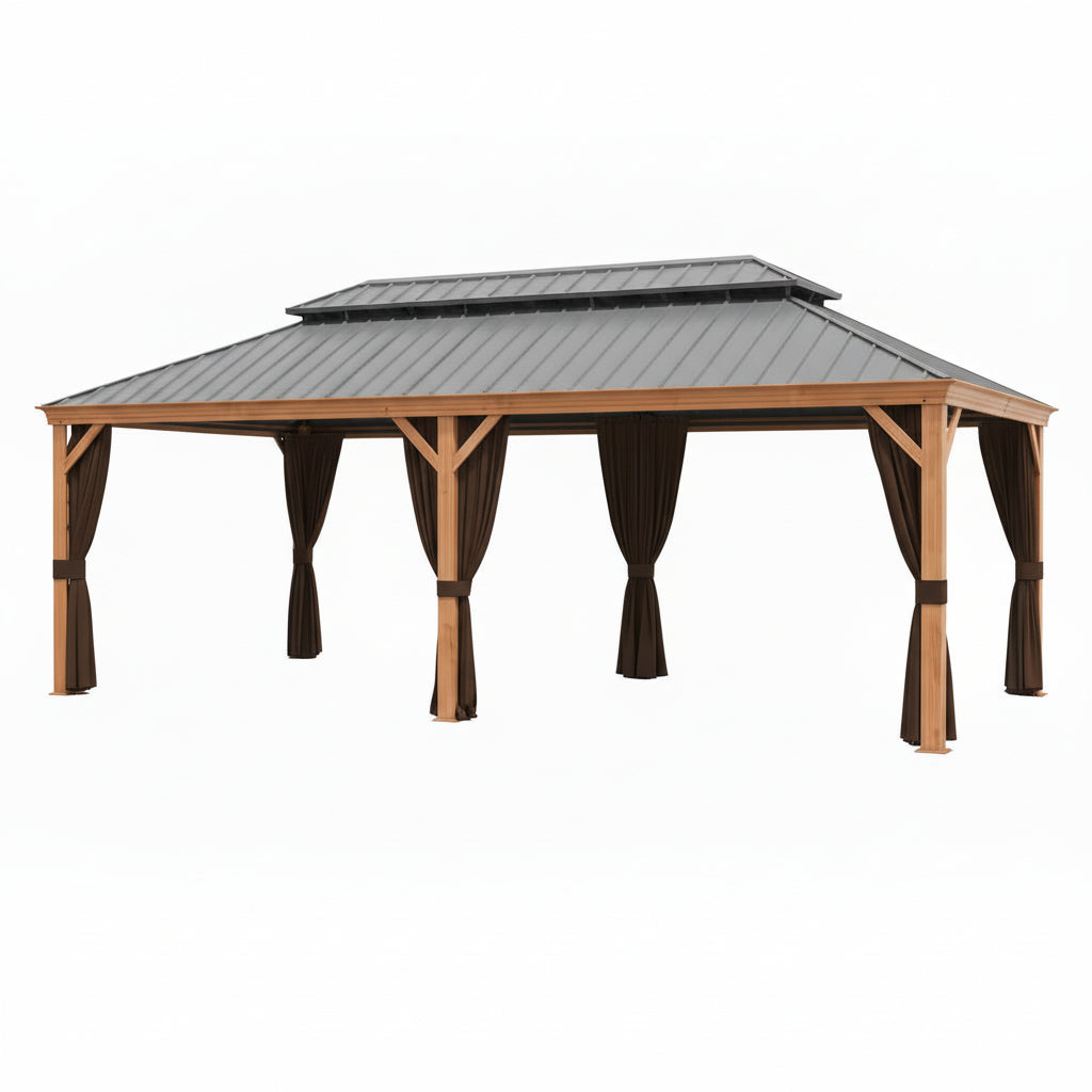12 Ft. X 22 Ft. Double Galvanized Steel Roof Aluminum Frame Outdoor Patio Hardtop Gazebo Wooden Finish Coated