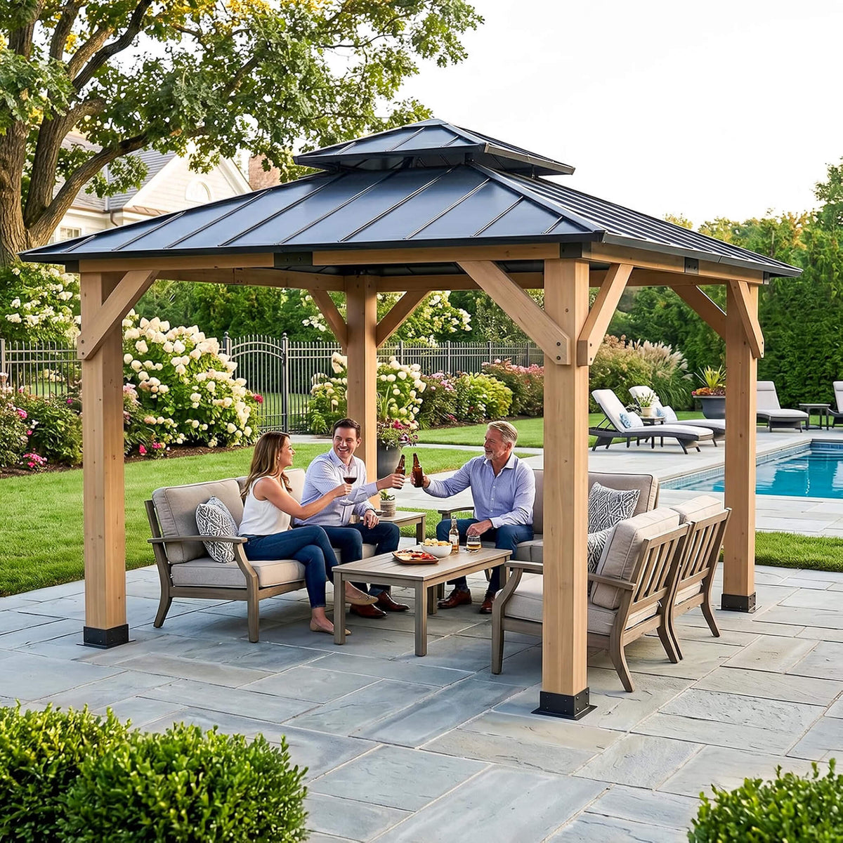 [10X10FT] Permanent Galvanized Steel Double Roof Cedar Wood Gazebo (SAK73842)