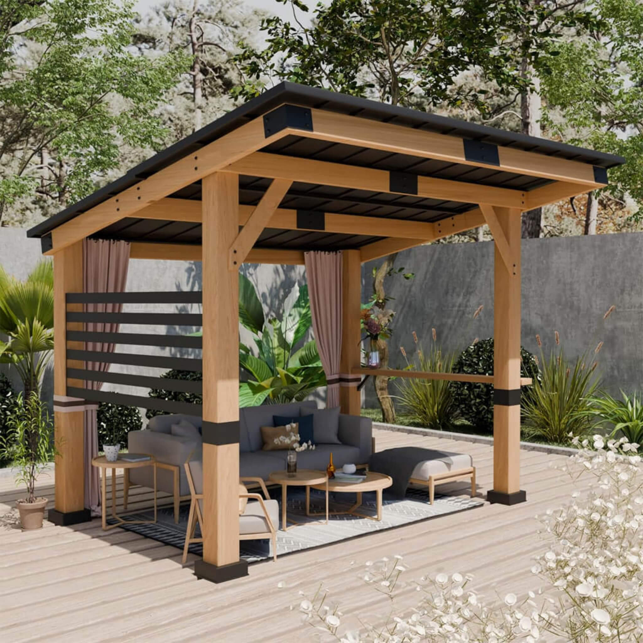 [10X12FT] Alora Heavy-Duty Premium Outdoor All-Season Wooden Cedar Hardtop Gazebo With Metal Roof & Back Curtains (SAK57184)
