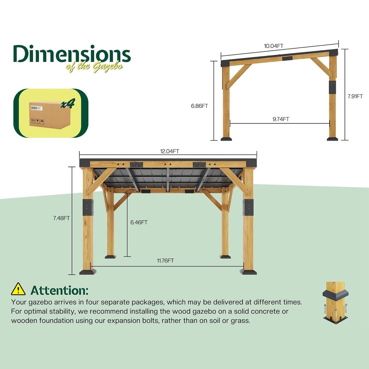 [10X12FT] Heavy-Duty Sloped Galvanized Steel Roof Cedar Wood Gazebo (SAK64831)