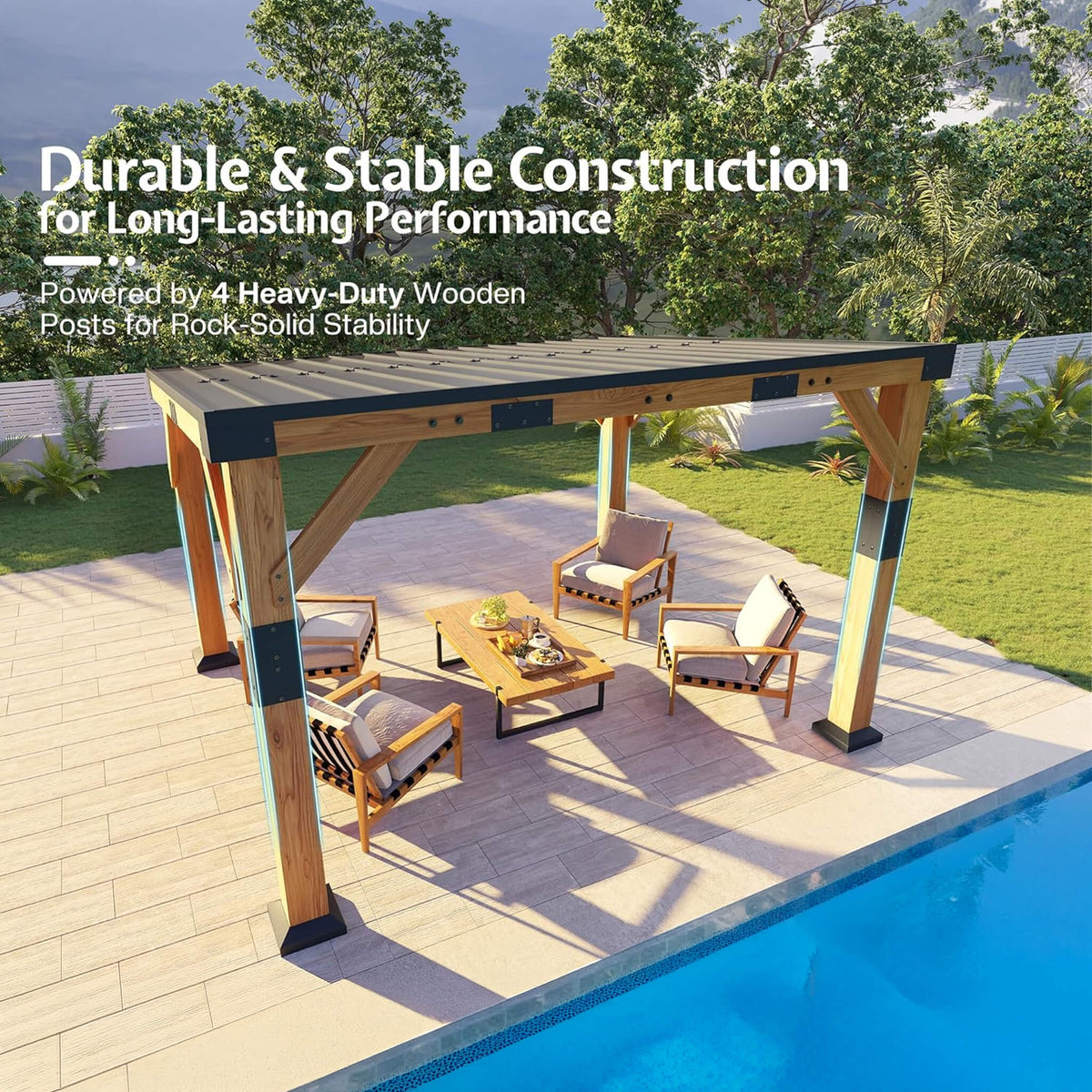 [10X12FT] Heavy-Duty Sloped Galvanized Steel Roof Cedar Wood Gazebo (SAK64831)