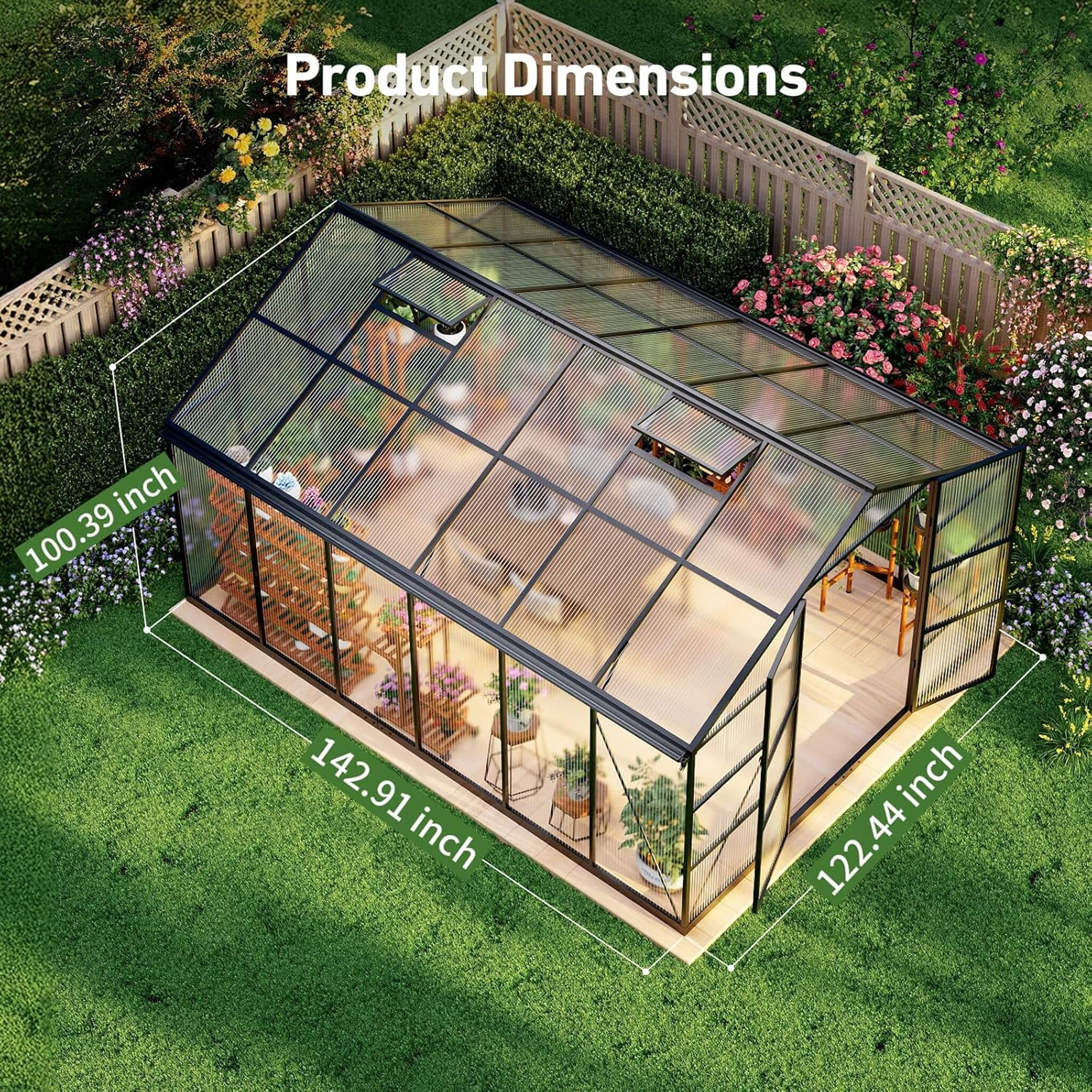 [10X12FT] Outdoor Polycarbonate Aluminum Greenhouse With UV Protection And Thermometer