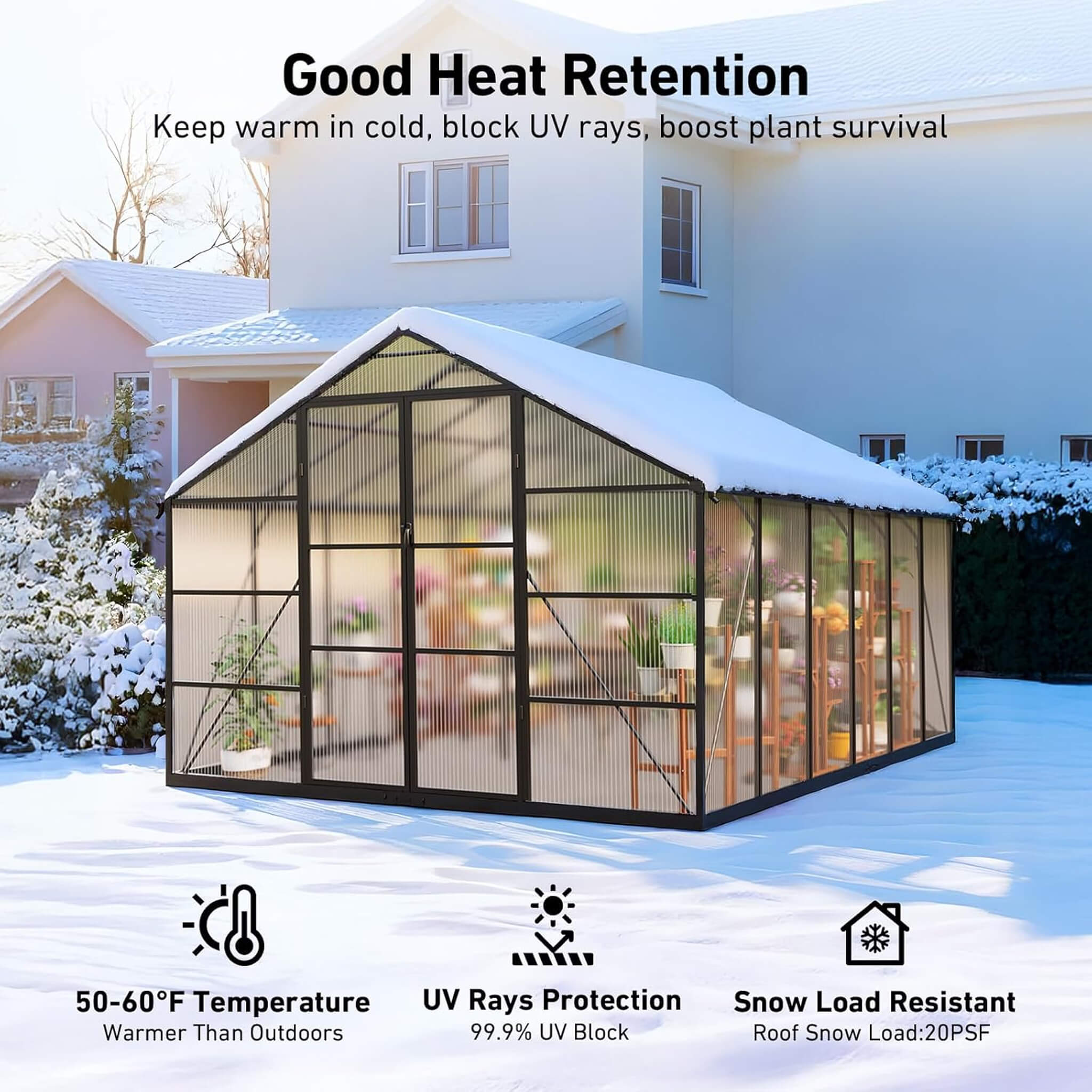 [10X12FT] Outdoor Polycarbonate Aluminum Greenhouse With UV Protection And Thermometer