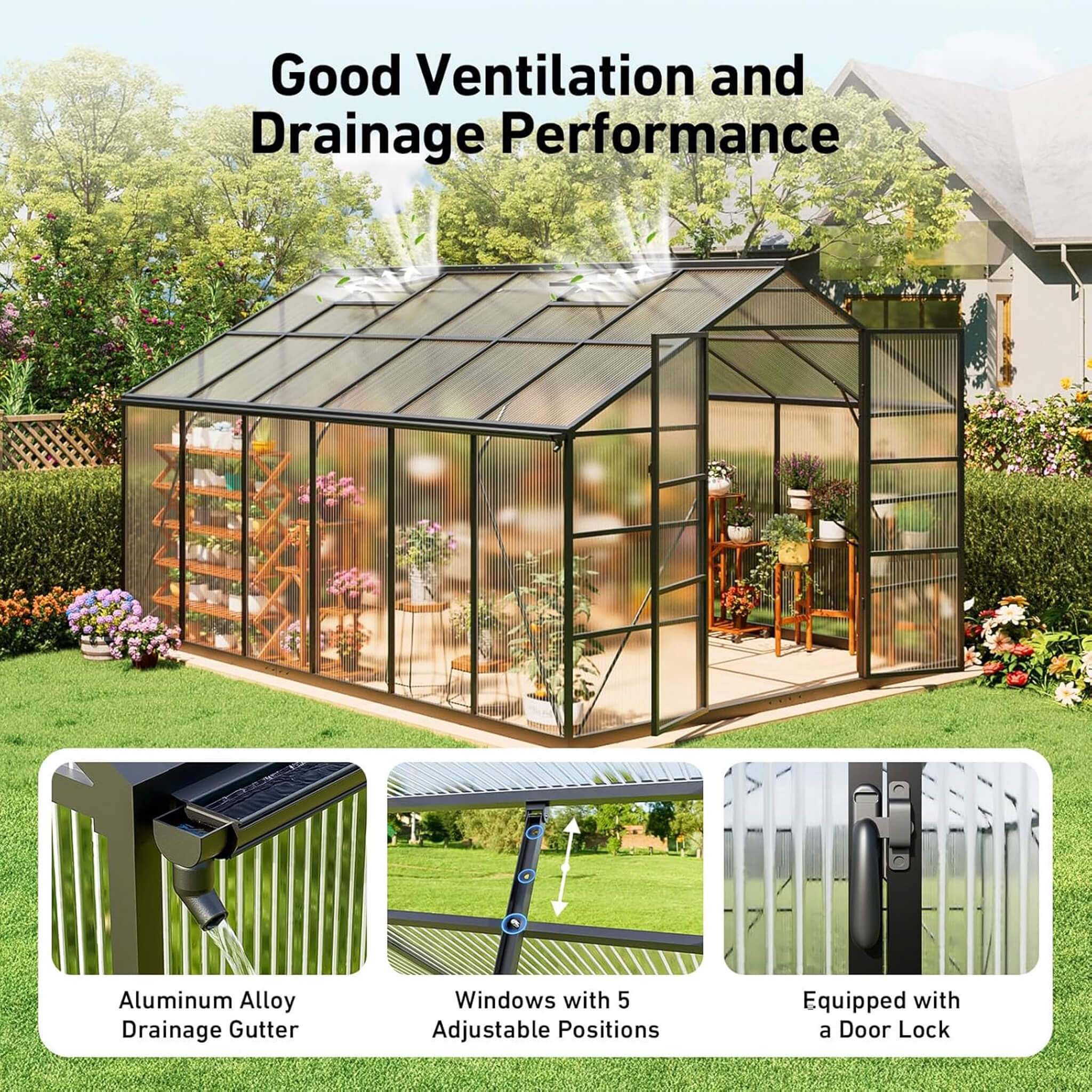[10X12FT] Outdoor Polycarbonate Aluminum Greenhouse With UV Protection And Thermometer