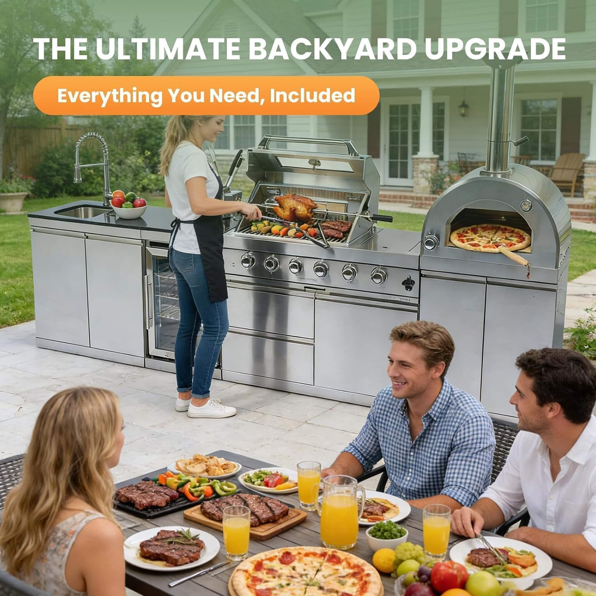 Blazon 125-Inch 4-Burner 108K BTU Outdoor Kitchen Island With Pizza Oven, Rotisserie & Refrigerator (SAK55768)