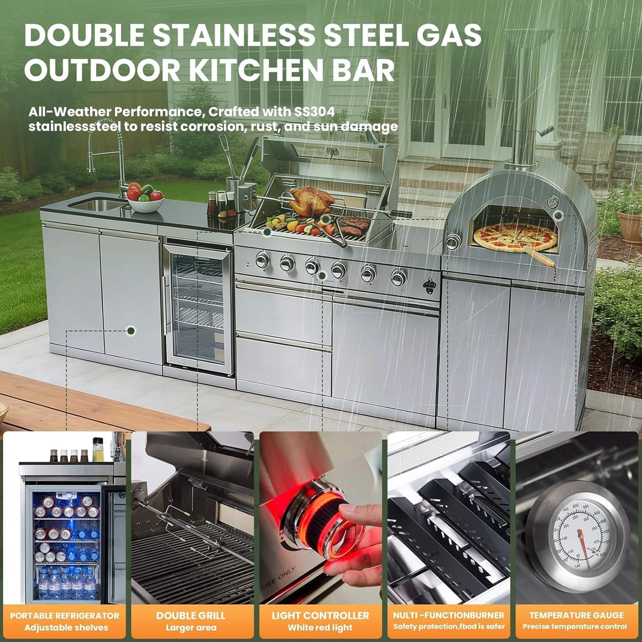 Blazon 125-Inch 4-Burner 108K BTU Outdoor Kitchen Island With Pizza Oven, Rotisserie & Refrigerator (SAK55768)