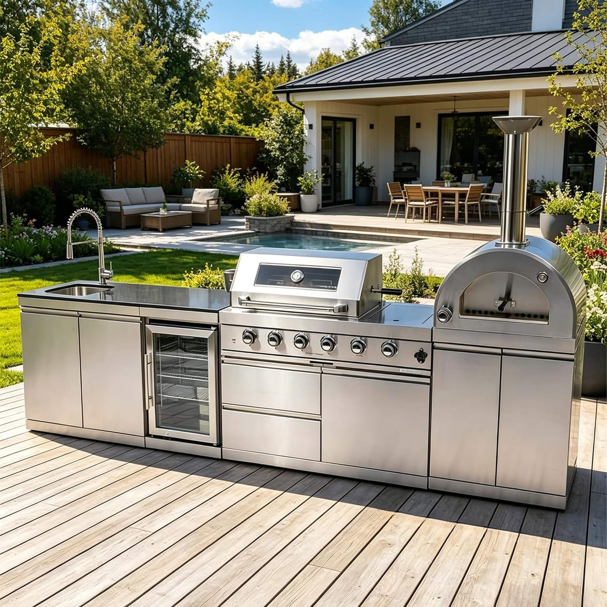 Blazon 125-Inch 4-Burner 108K BTU Outdoor Kitchen Island With Pizza Oven, Rotisserie & Refrigerator (SAK55768)