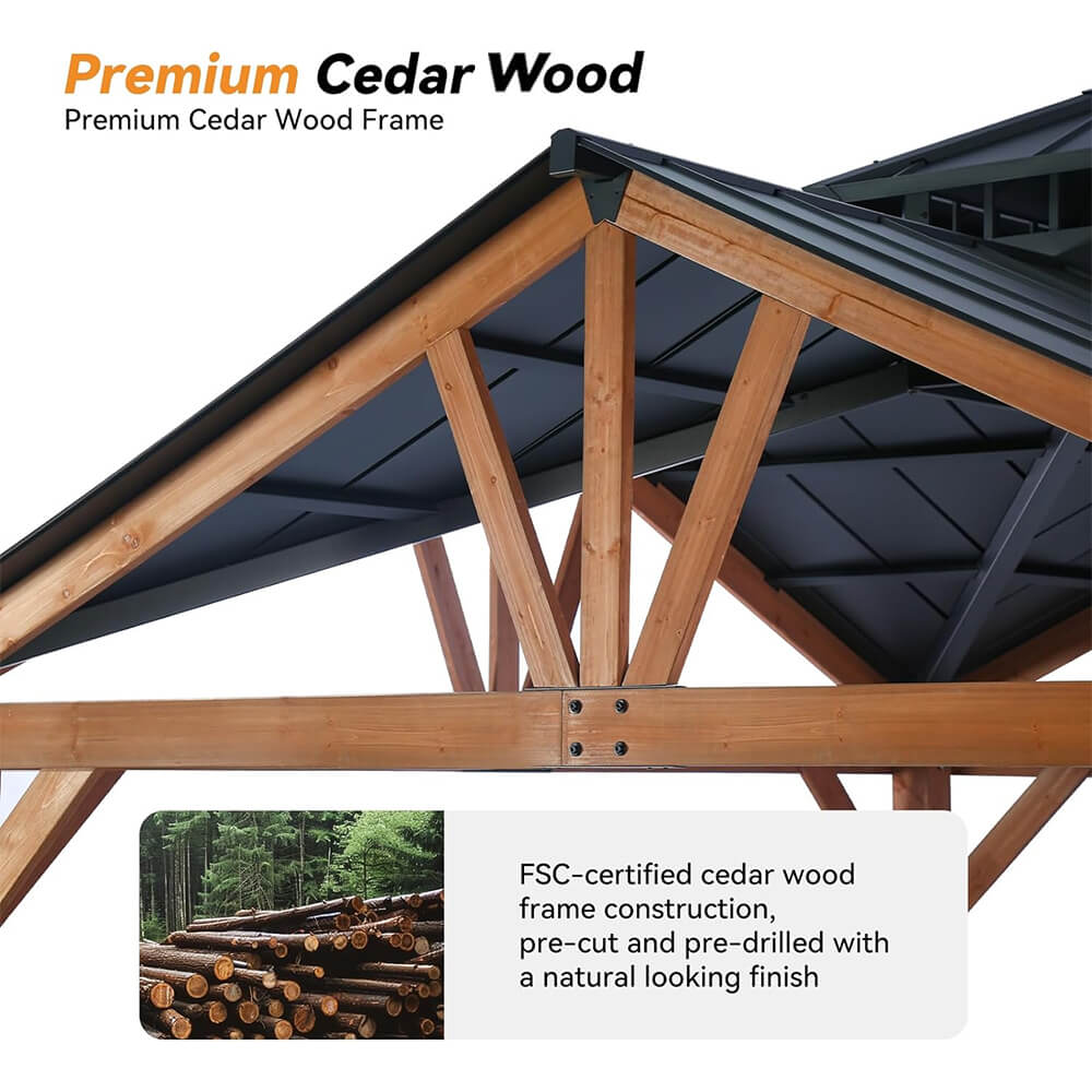 [12X12FT] Alora Premium Outdoor Cedar Wood Hardtop Gazebo With Galvanized Steel Roof (SAK31864)