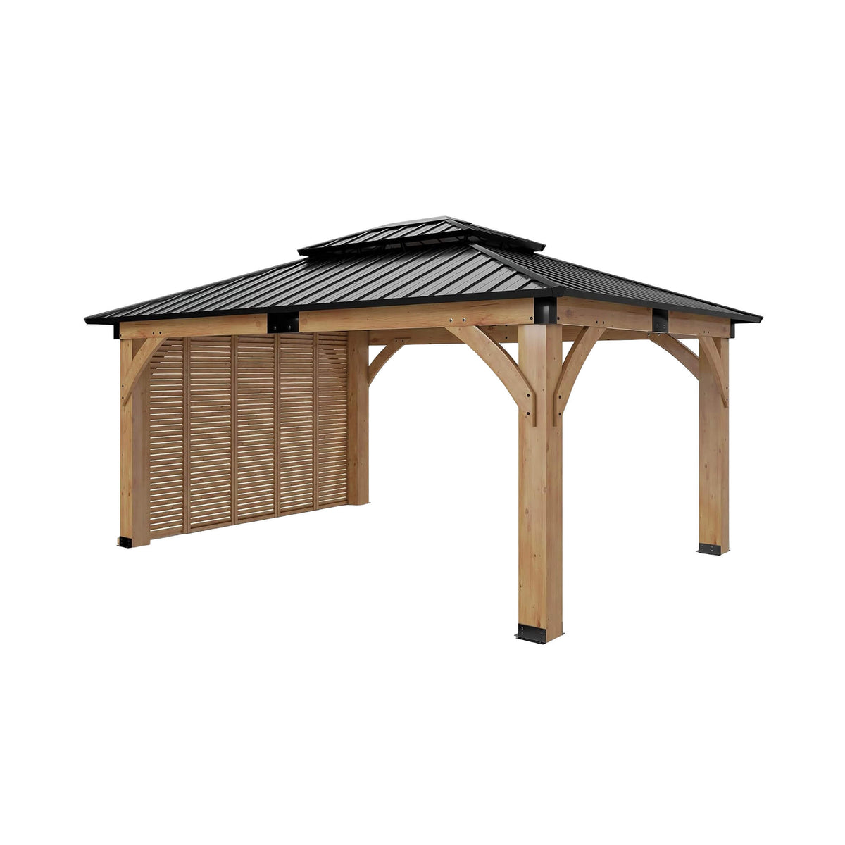 [12X14FT] Modern Double-Tier Hardtop Spruce Wood Gazebo With Built-In Privacy Wall & Ceiling Hooks (SAK75086)