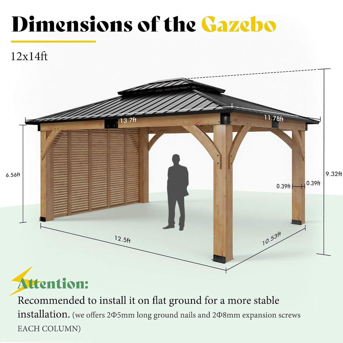 [12X14FT] Modern Double-Tier Hardtop Spruce Wood Gazebo With Built-In Privacy Wall & Ceiling Hooks (SAK75086)