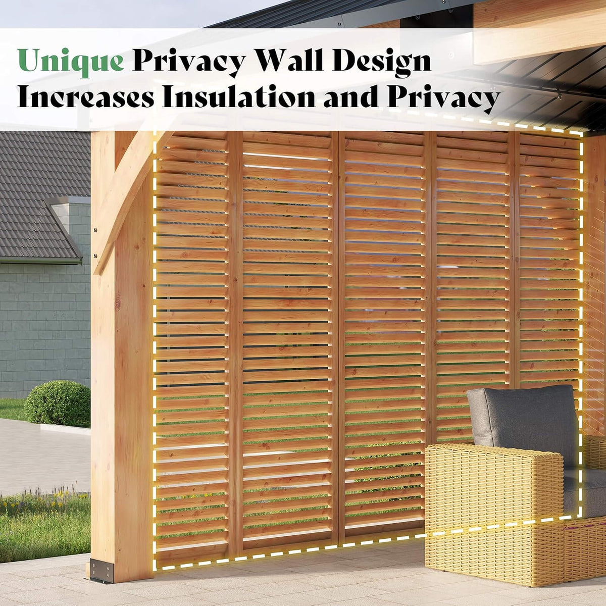 [12X14FT] Modern Double-Tier Hardtop Spruce Wood Gazebo With Built-In Privacy Wall & Ceiling Hooks (SAK75086)