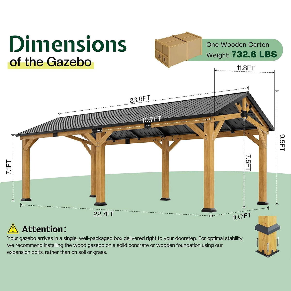 [12X24FT] Premium Galvanized Steel Roof Cedar Wood Hardtop Gazebo (SAK14632)