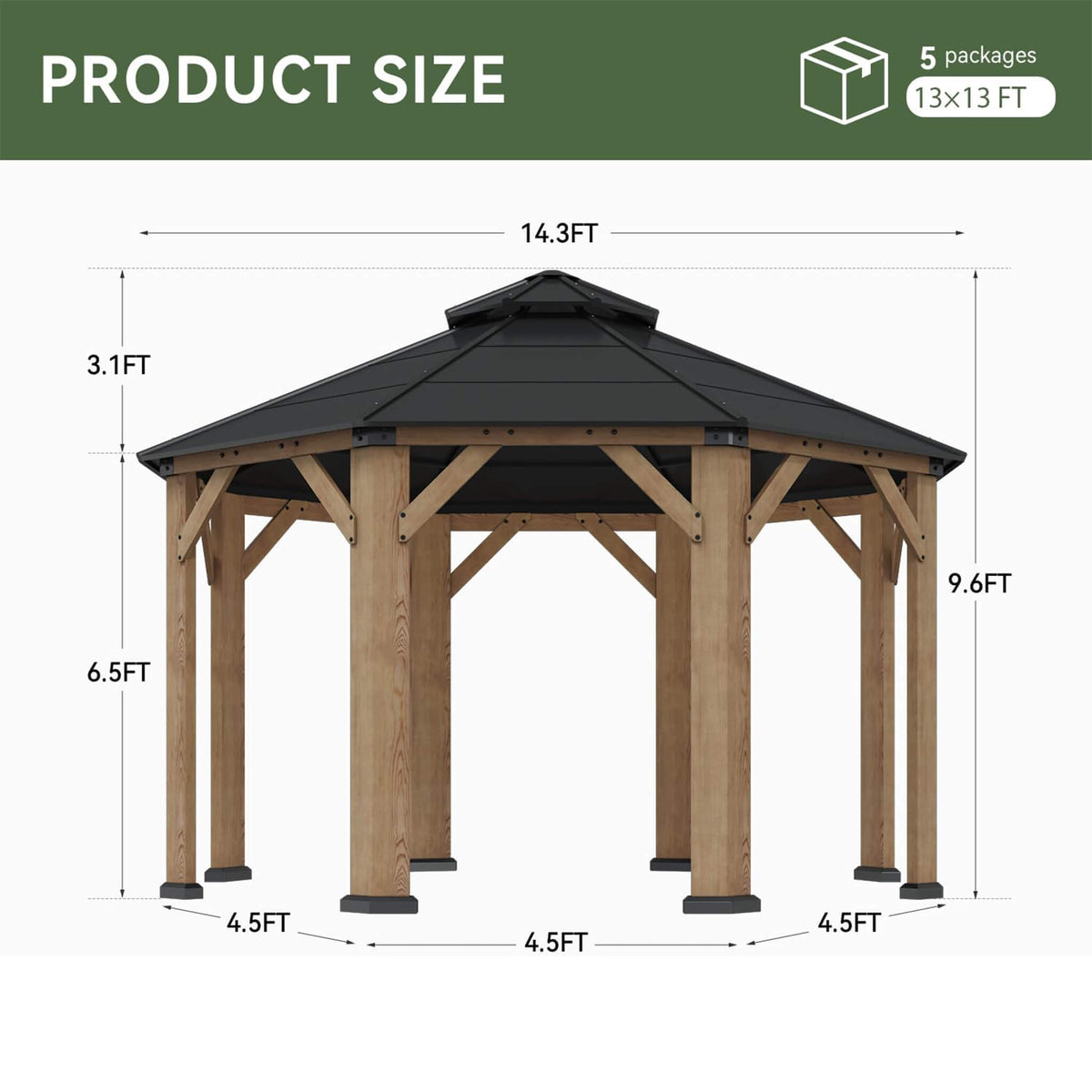 [13X13FT] Cedar Wood Galvanized Steel Octagonal Hardtop Double Roof Gazebo (SAK17468)