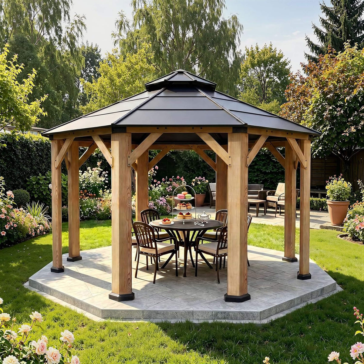 [13X13FT] Premium All-Weather Octagonal Double Hardtop Cedar Wood Gazebo (SAK42795)