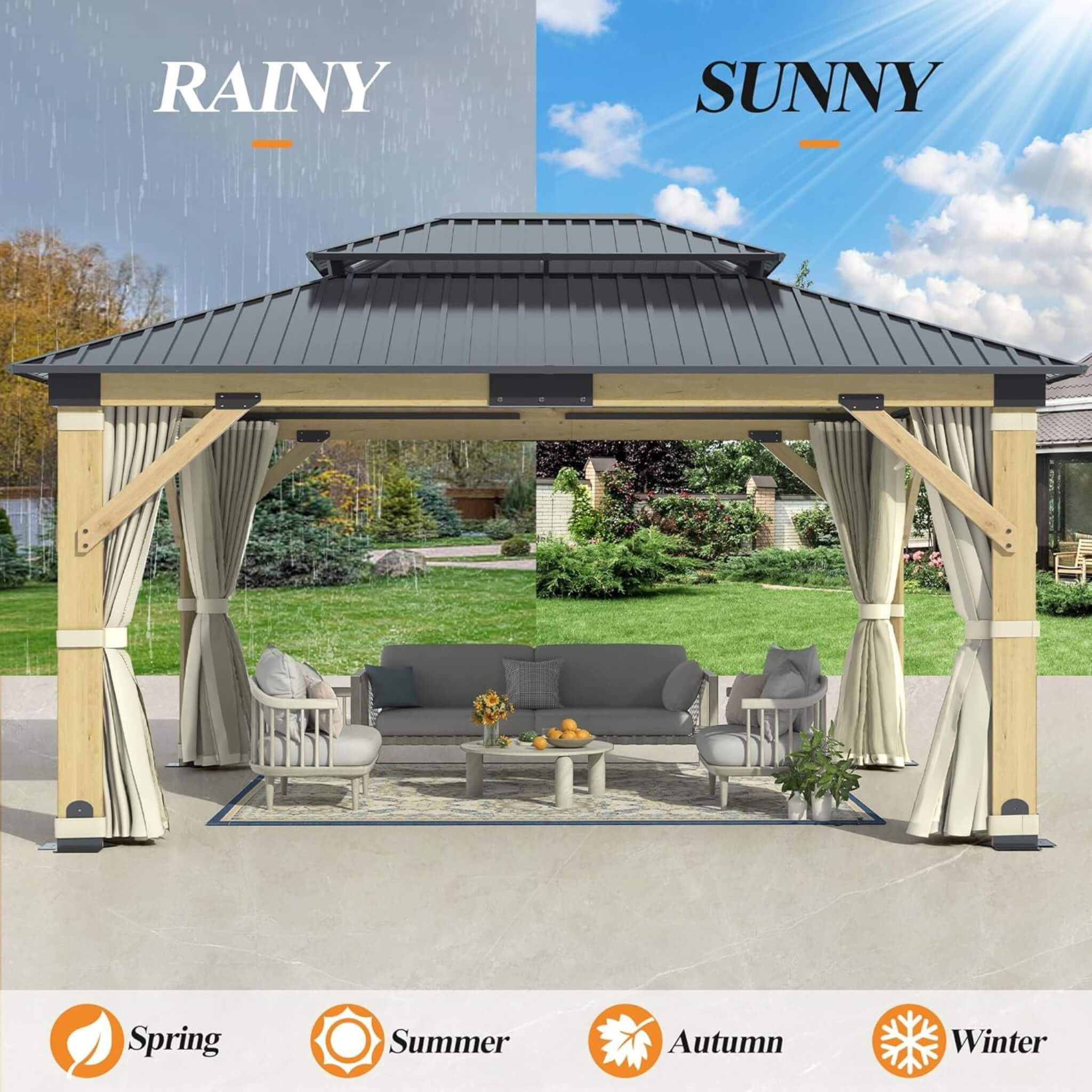 [13X15FT] Alora Outdoor Wooden Double-Top Gazebo With Curtains