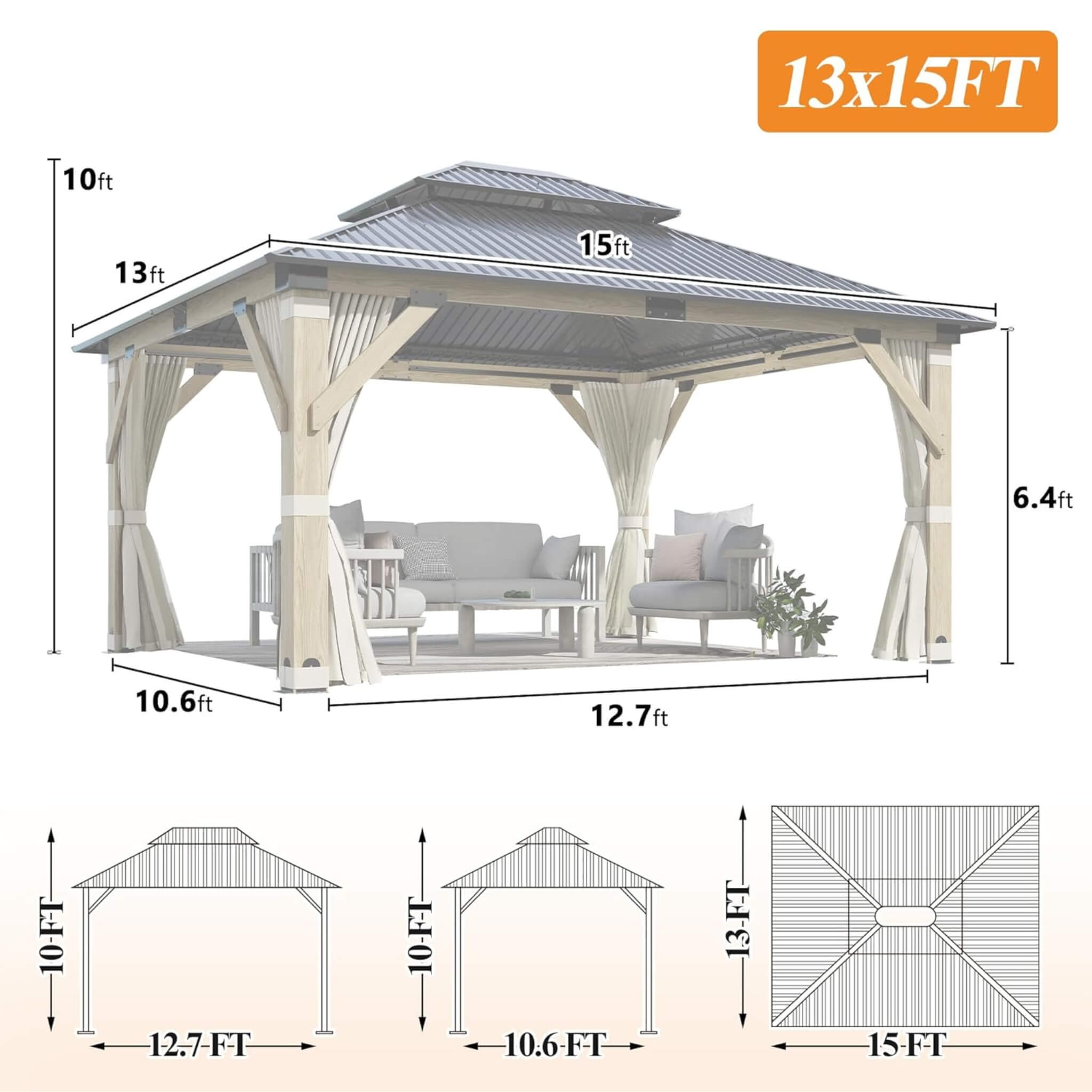 [13X15FT] Alora Outdoor Wooden Double-Top Gazebo With Curtains