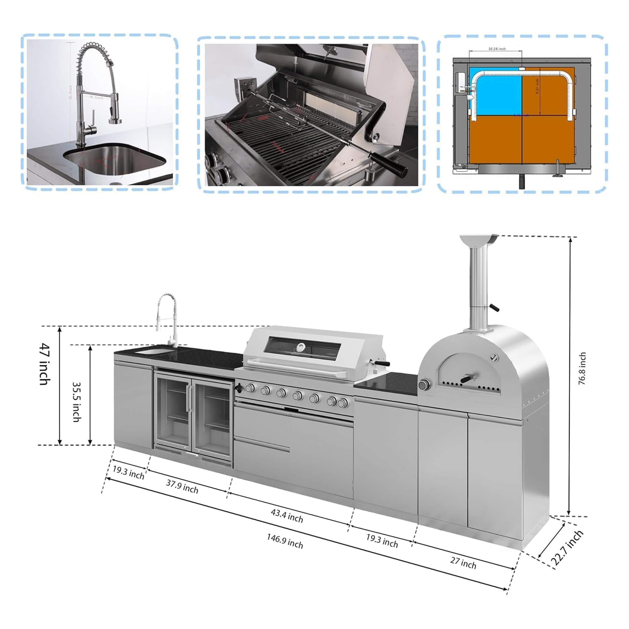 Blazon 147-Inch 6-Burner 120K BTU Outdoor Kitchen Island With Pizza Oven, Rotisserie & Refrigerator (SAK96429)