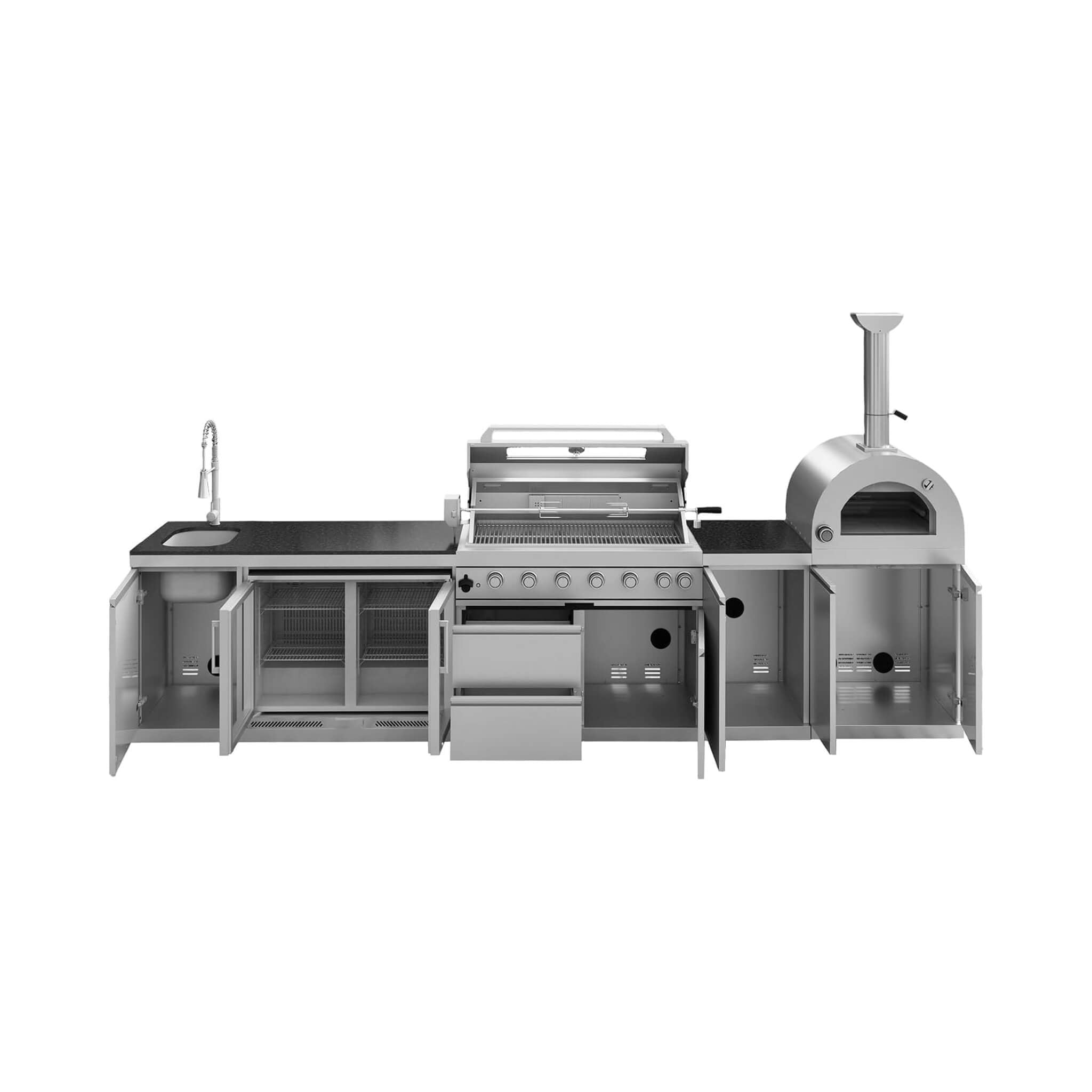 Blazon 147-Inch 6-Burner 120K BTU Outdoor Kitchen Island With Pizza Oven, Rotisserie & Refrigerator (SAK96429)