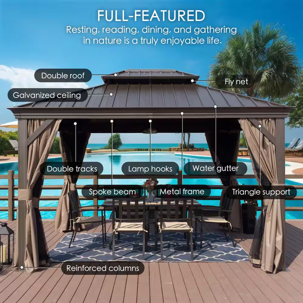 Alexander 12 Ft. D X 9 Ft. H X 16 Ft. W Aluminum Hardtop Gazebo W/Galvanized Steel Roof, Mosquito Net & Privacy Curtain