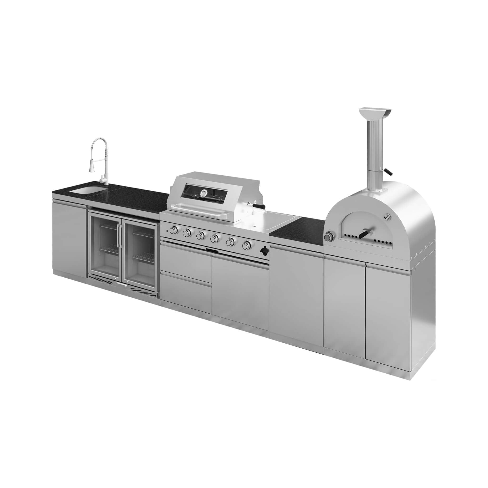 Blazon 150-Inch 4-Burner 108K BTU Outdoor Kitchen Island With Pizza Oven, Rotisserie & Refrigerator (SAK36412)