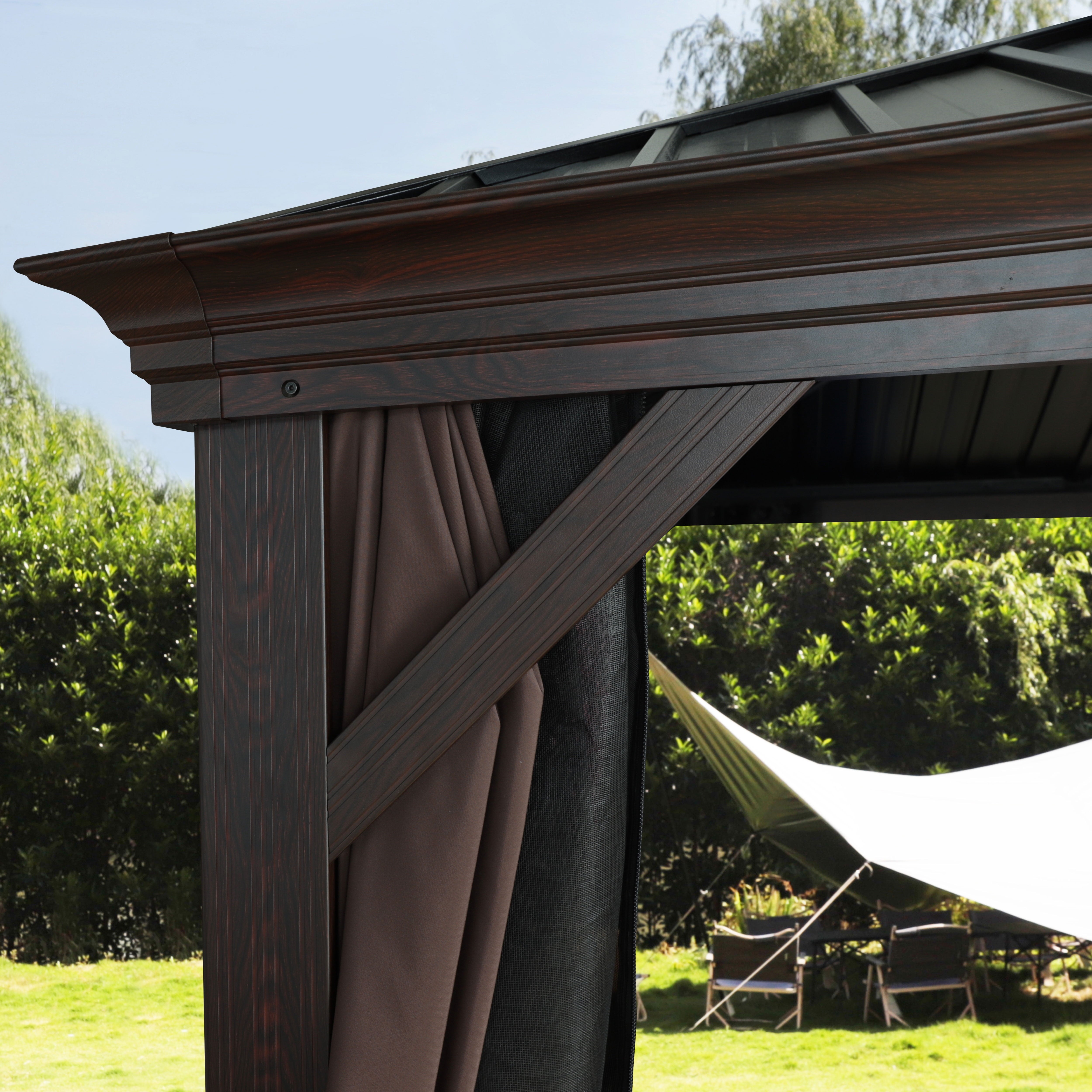 12' X 10' Outdoor Hardtop Gazebo, Water-Resistant Aluminum Wood Grain Gazebo, Rustic